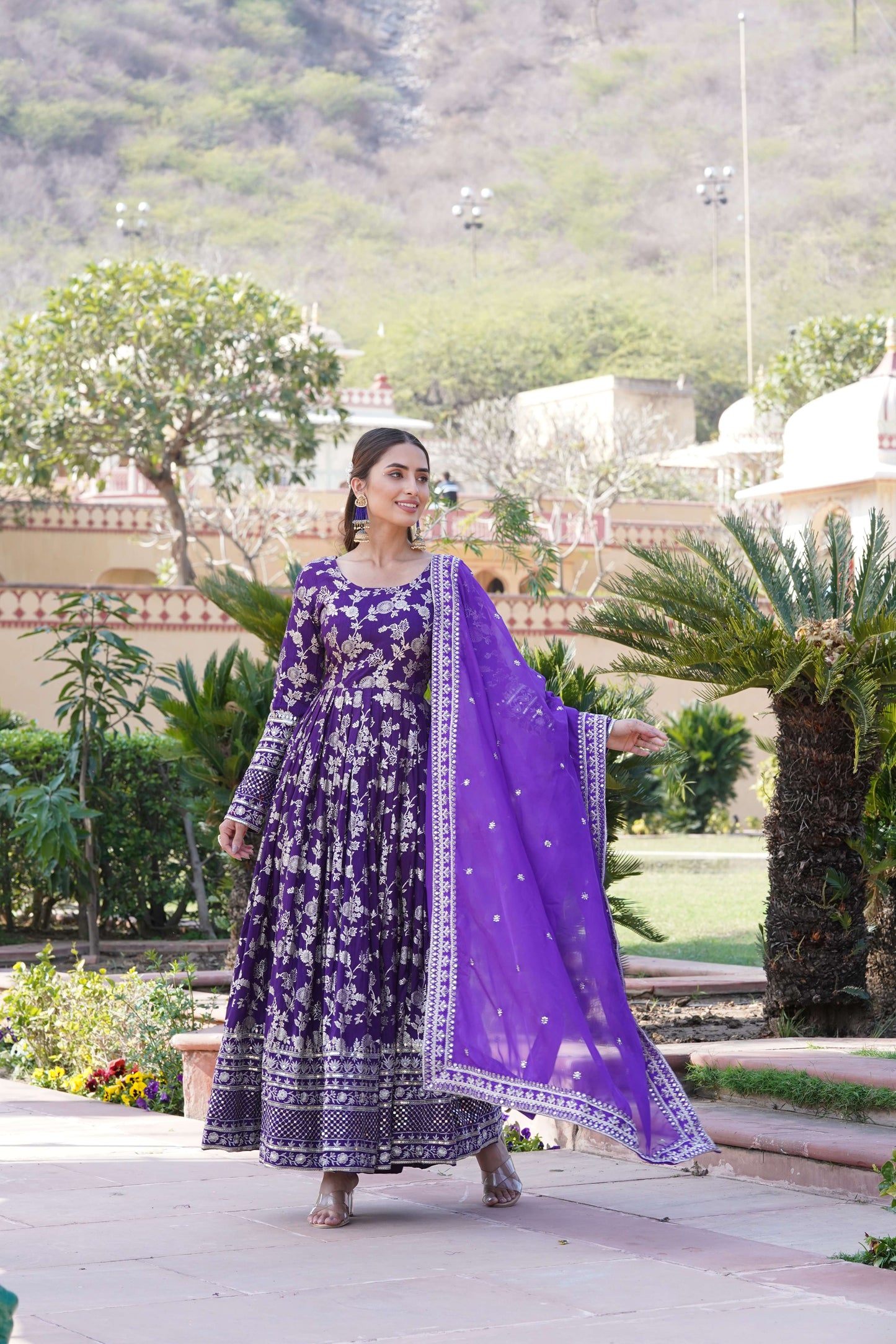 Purple Viscose Dyable Jacquard Gown with Russian Silk Sequined Dupatta  Elegant Party & Wedding Set