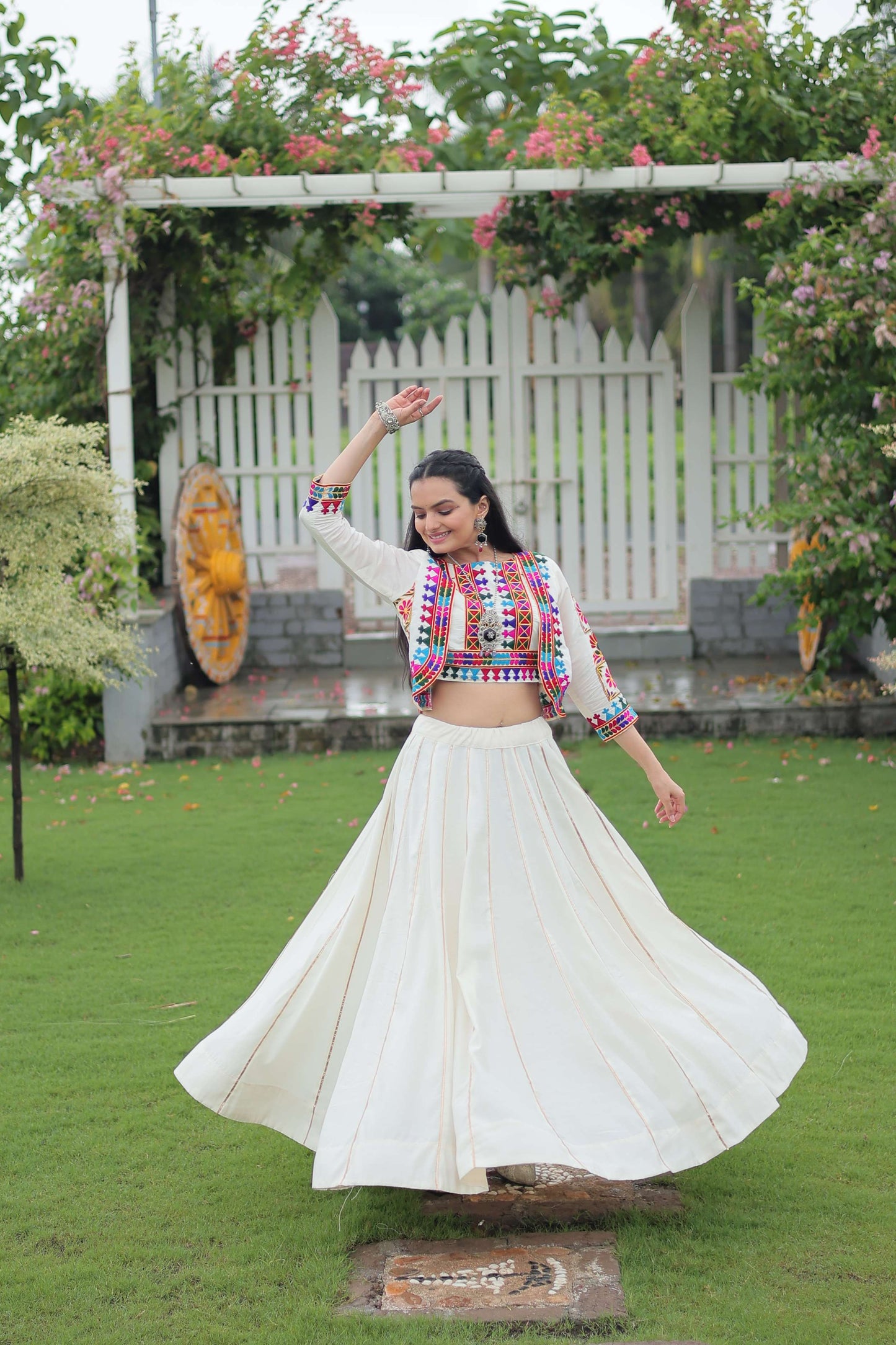Vibrant Roman Fabric Navratri Lehenga Choli Set with Koti Blouse
