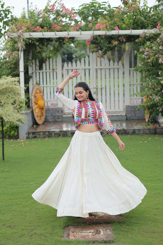 Vibrant Roman Fabric Navratri Lehenga Choli Set with Koti Blouse