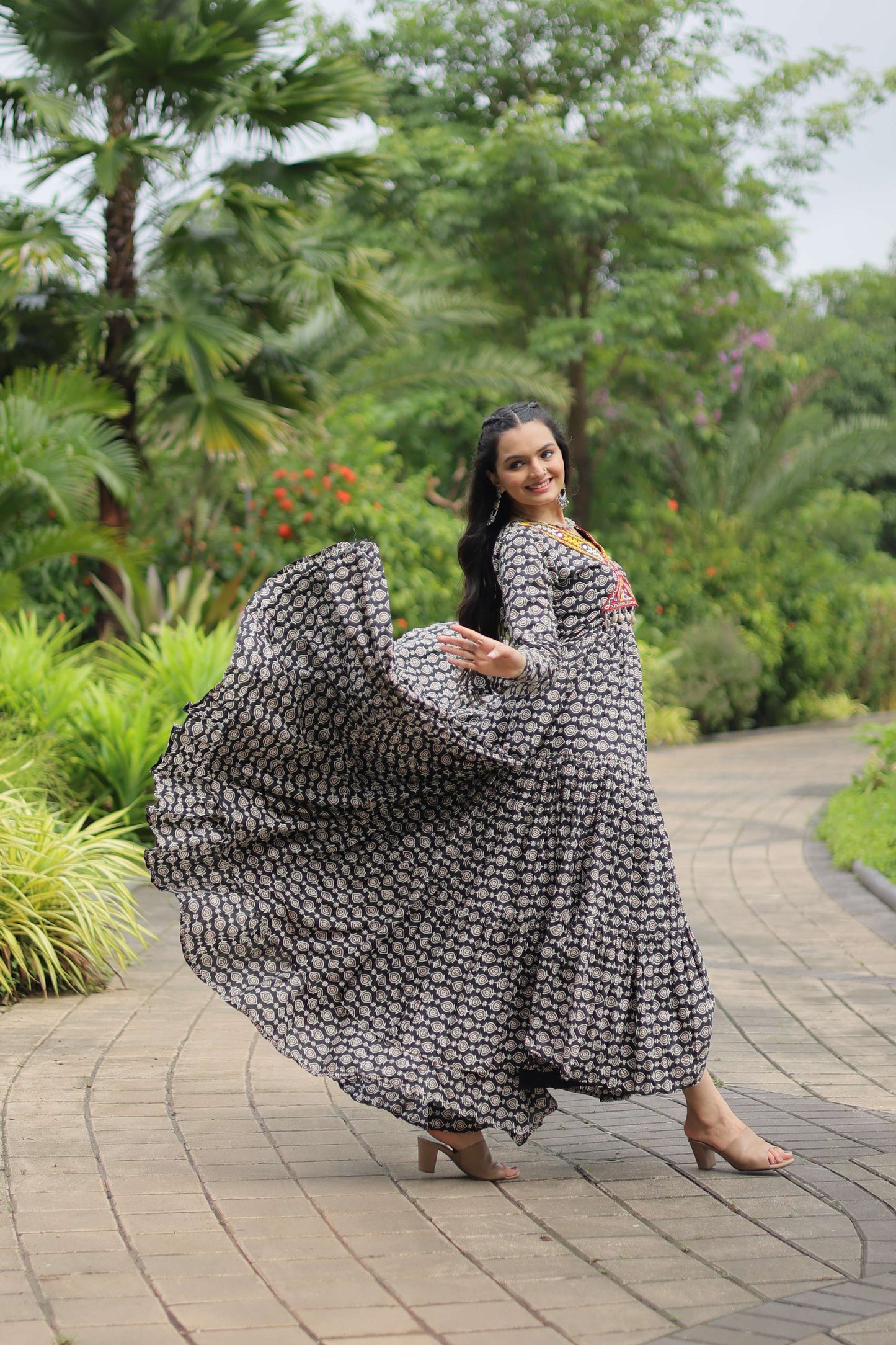 Black Designer Printed Cotton Gown with Kutchi Gamthi Lace & Kodi Work