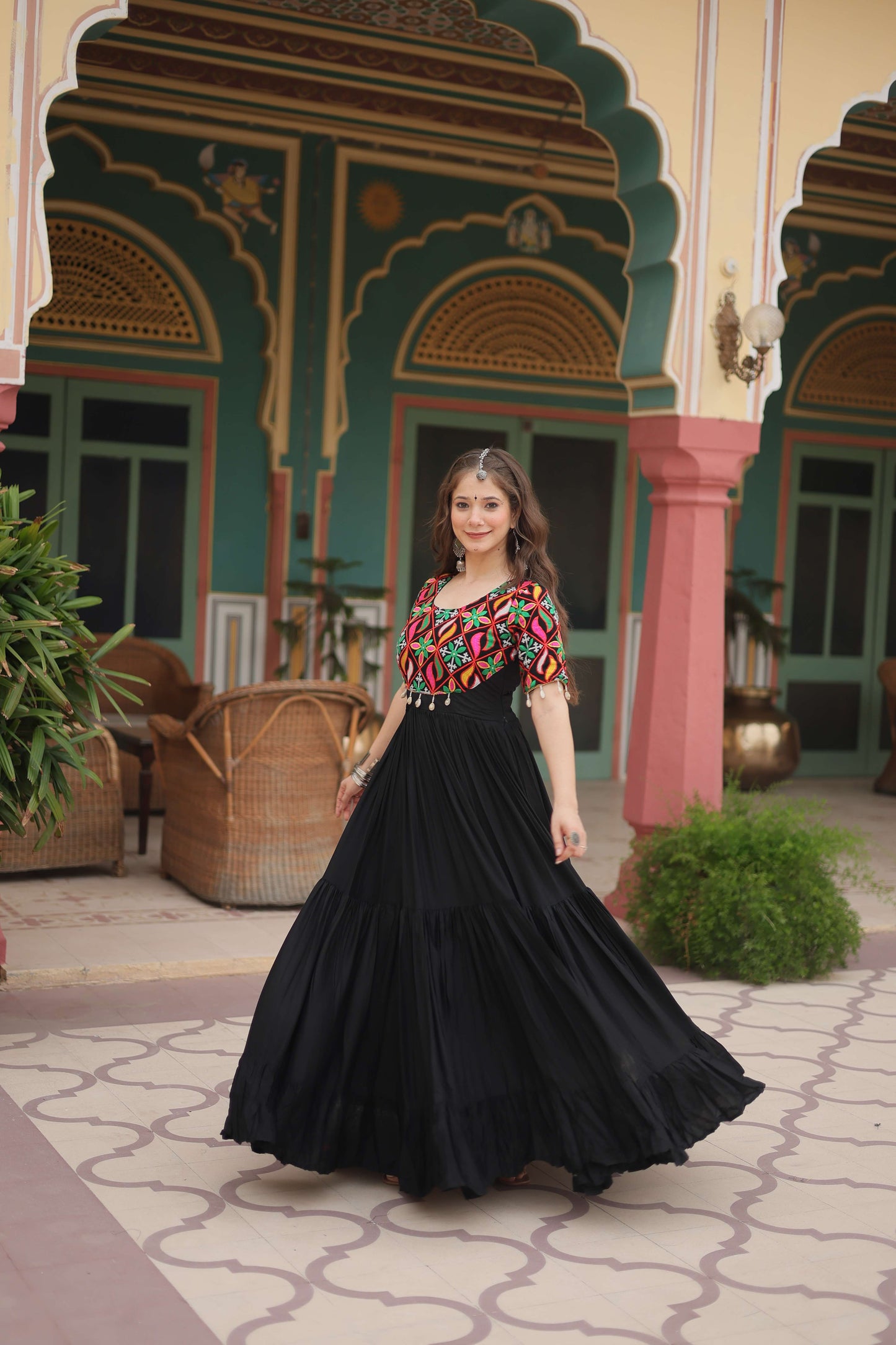 Black Elegant Kutchi Gamthi Work Reyon Gown with Heavy Flair