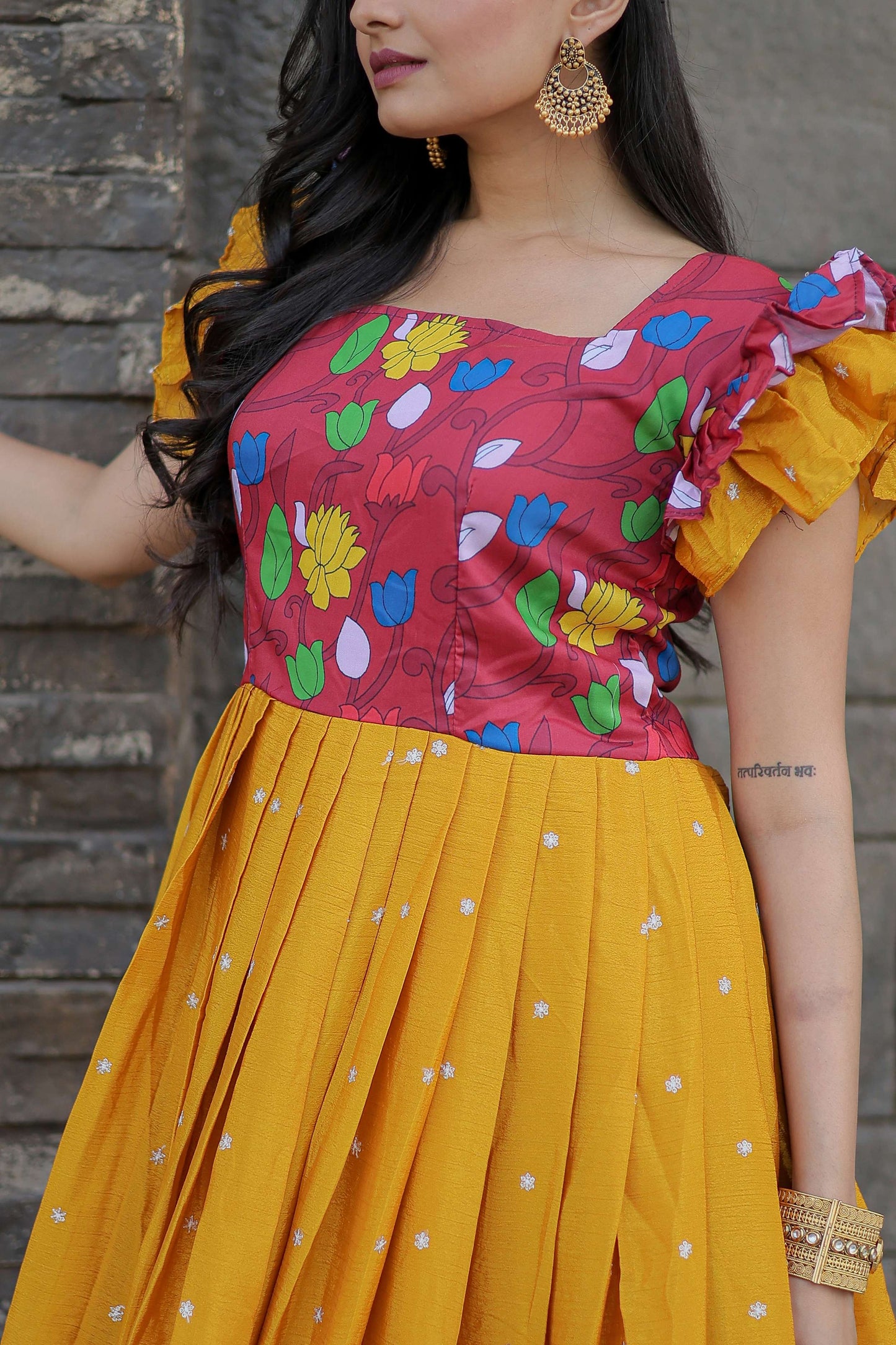 Yellow Maslin & Chinon Designer Gown with Embroidery  Elegant Ready-to-Wear Womens Dress
