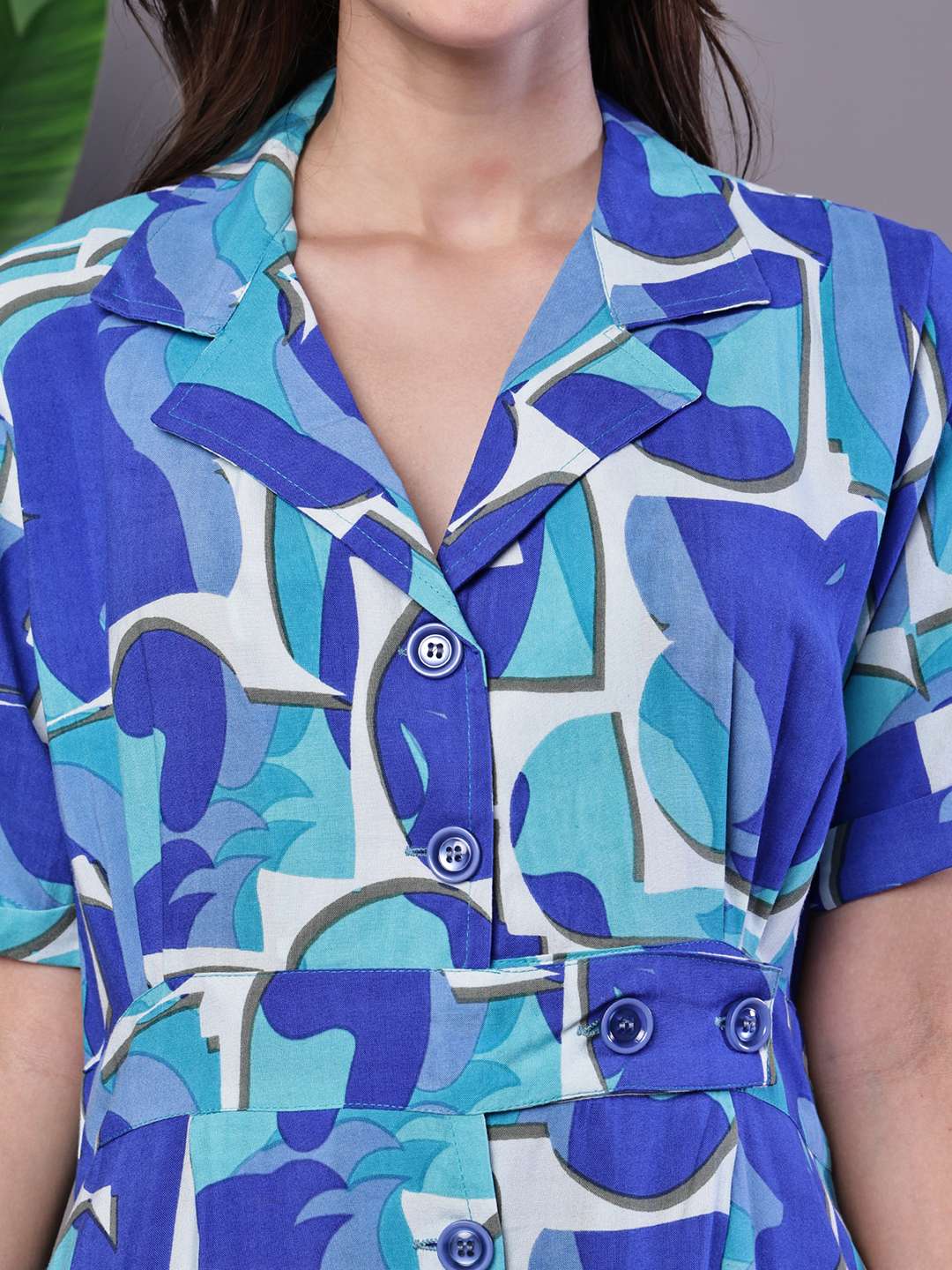 Women's Blue Abstract Print Cotton Shirt Dress