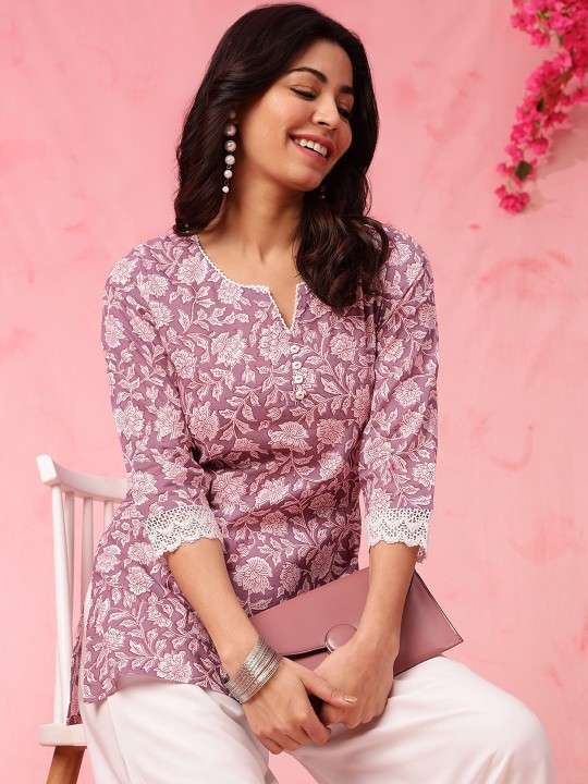 Women's Rayon Floral Printed Straight Short Kurti Set