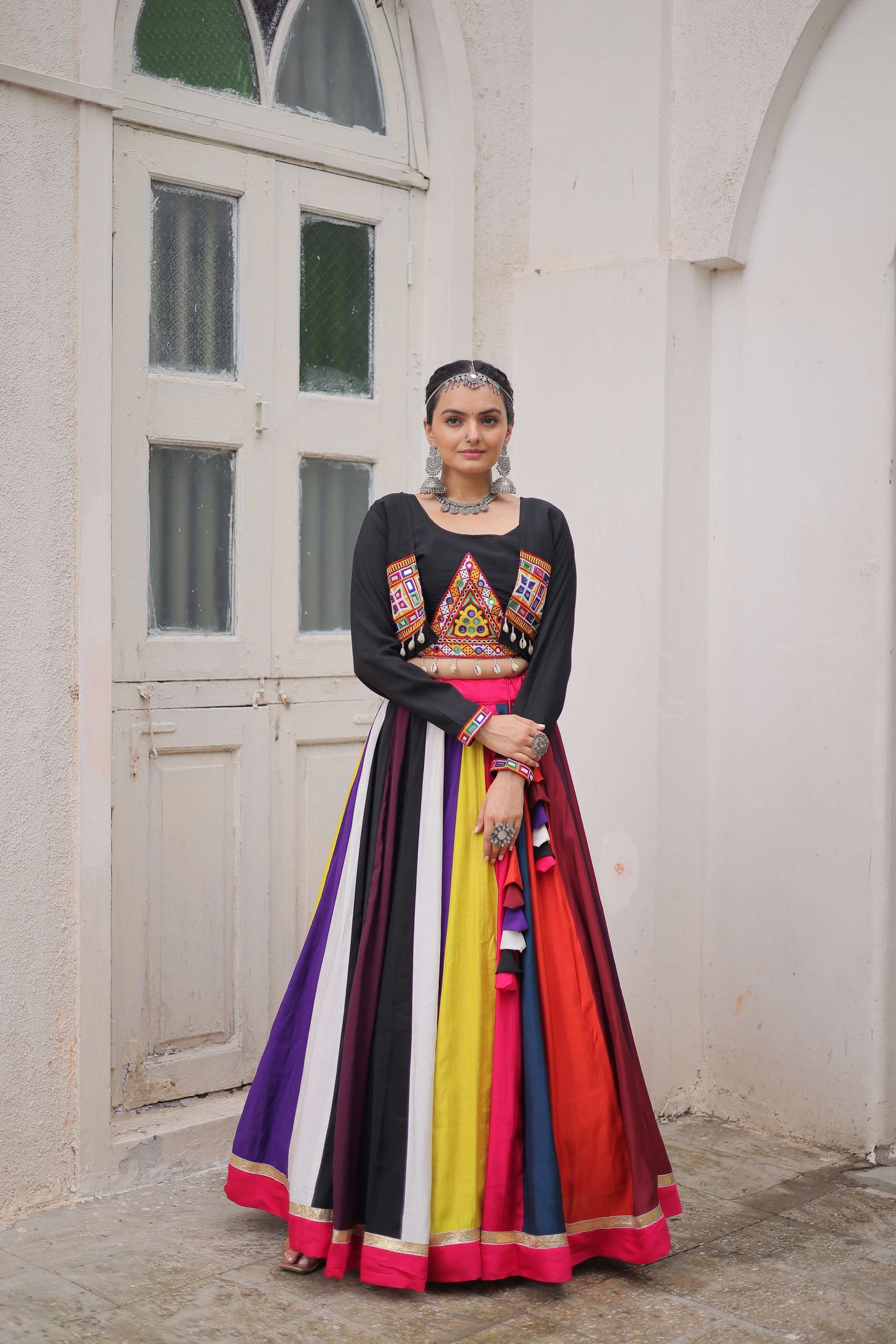 Multicolor Roman Fabric Navratri Lehenga Choli Set with Mirror & Gota Lace