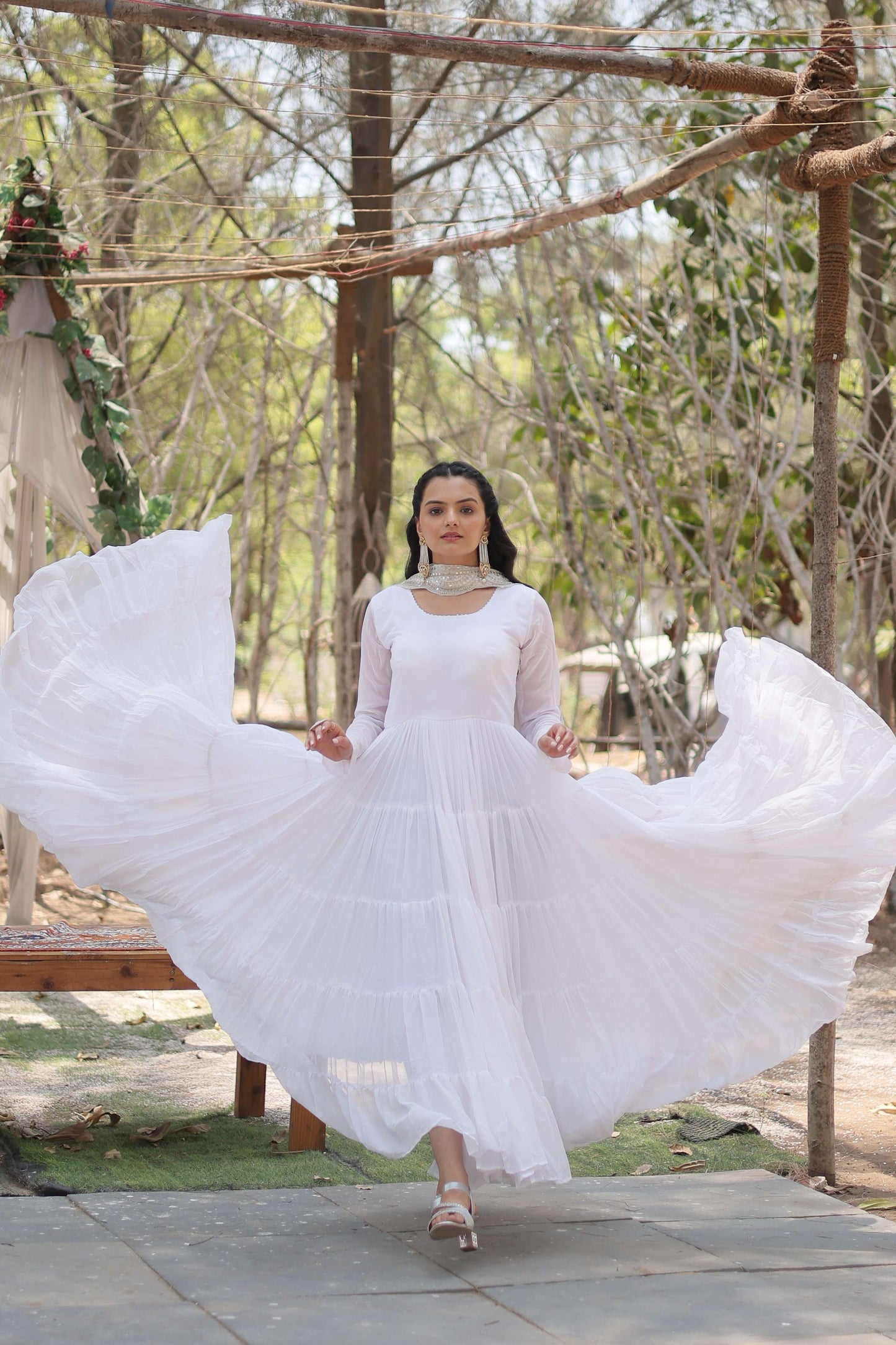 White Premium Faux Georgette Designer Gown with Sequined Dupatta  Fully Flaired Ready-to-Wear Set