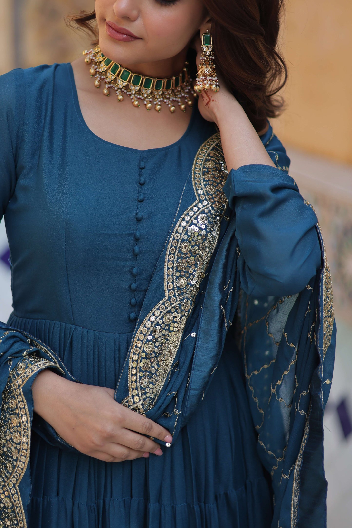 Rama Star Georgette Fully Flared Gown with Sequins Embroidered Dupatta