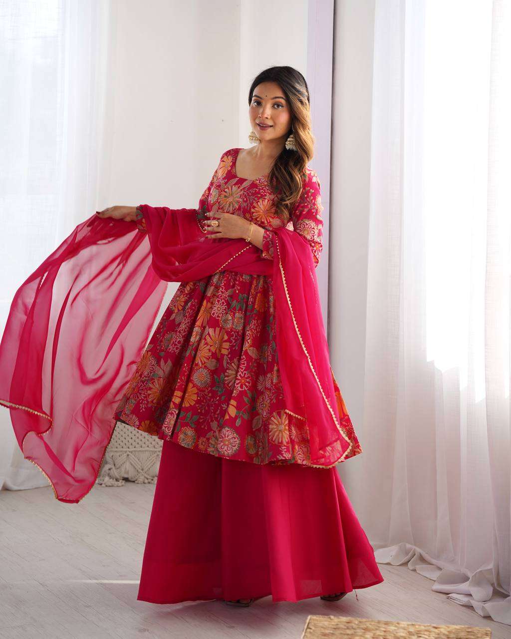 Women's Pure Romansilk Chanderi Printed Anarkali Kurti With Palazzo & Dupatta Set