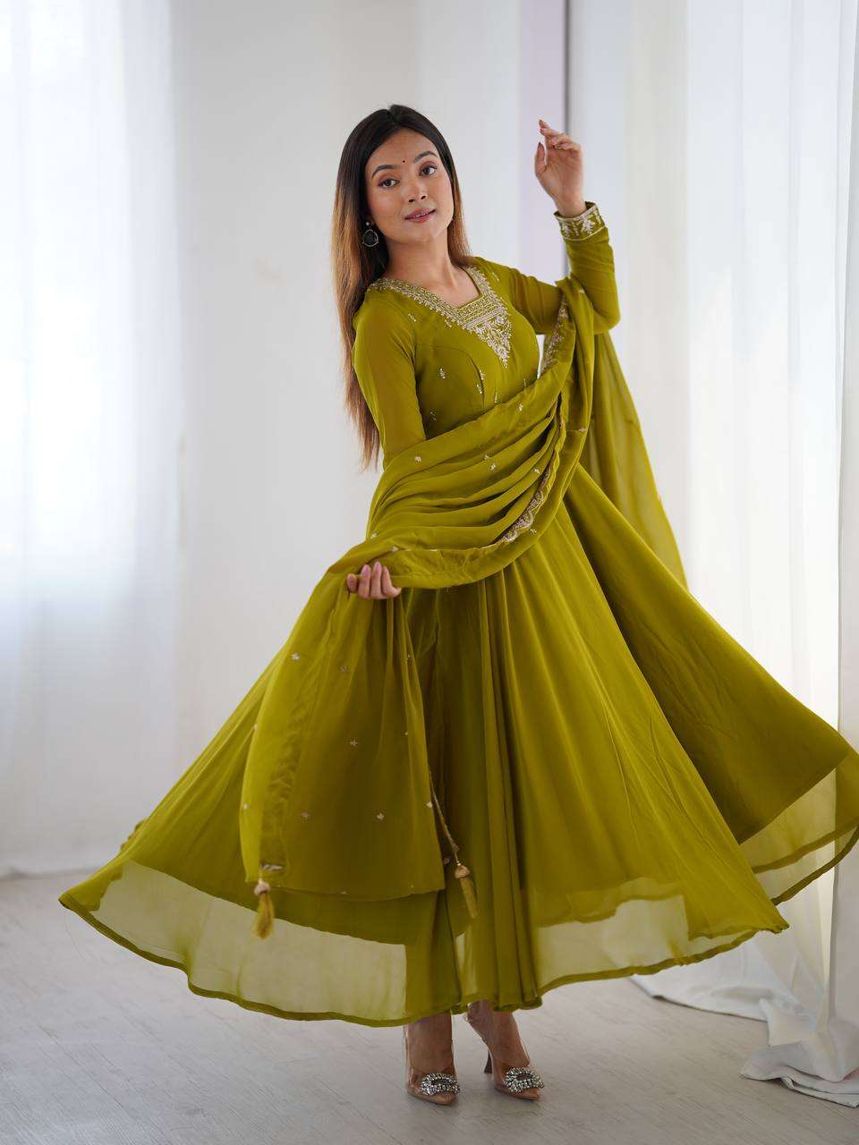 Womens Crunchy Silk Anarkali Kurti with Pant & Dupatta Set