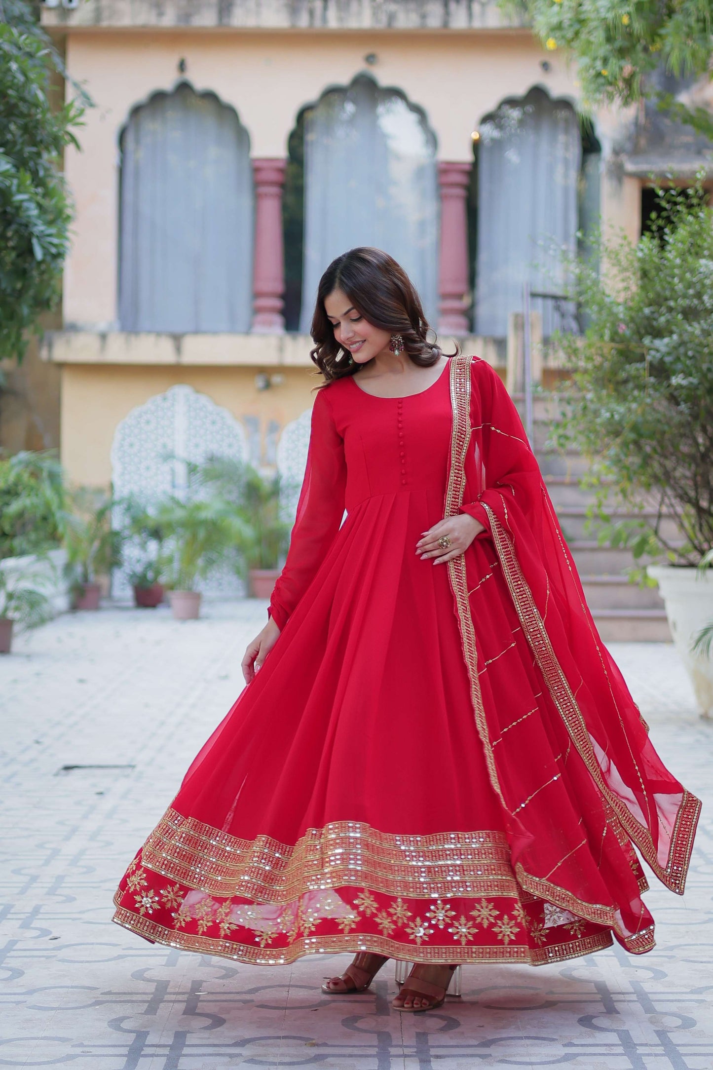 Red Faux Blooming Gown with Multi-Sequins Embroidered Dupatta