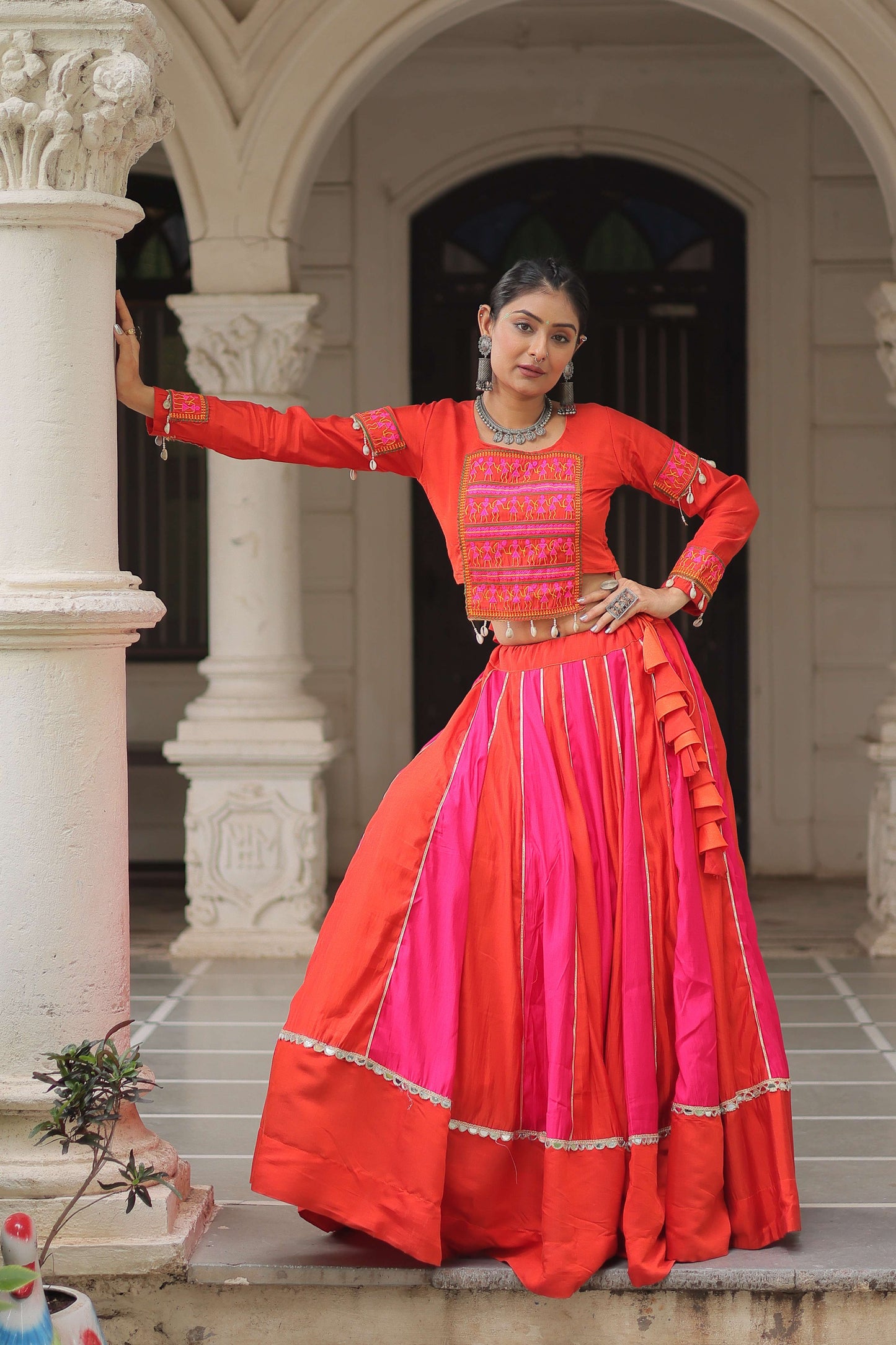 Roman Fabric Mirror-Embellished Navratri Lehenga Choli Set