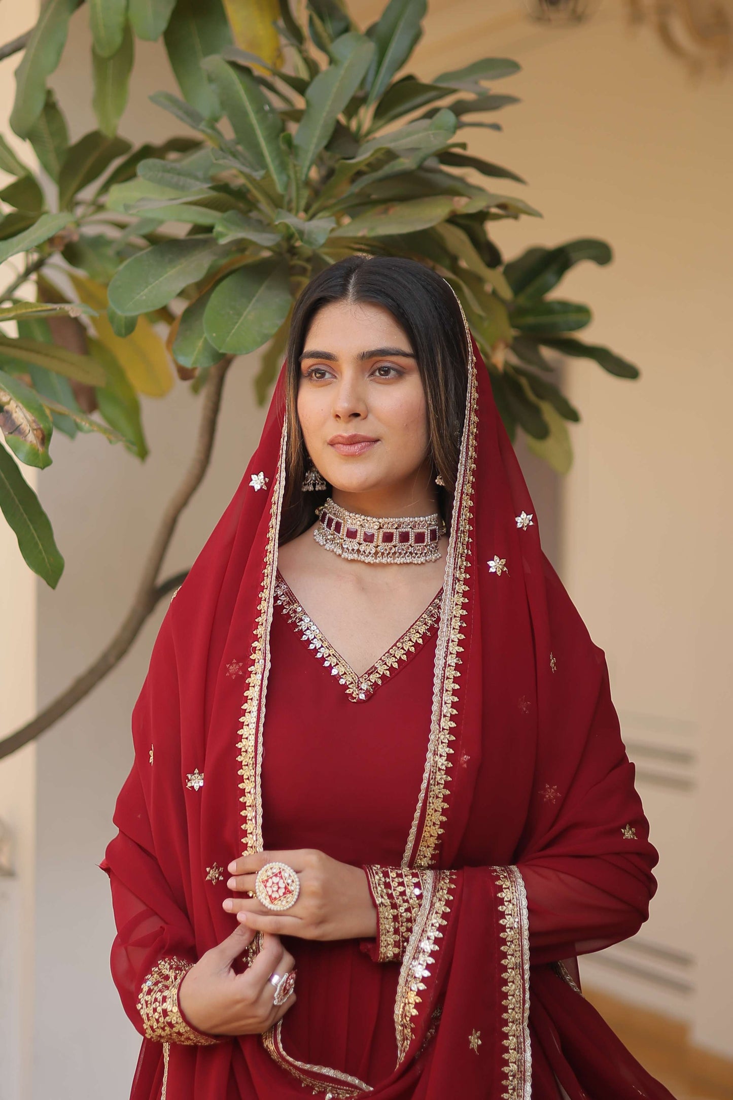 Maroon Faux Blooming Gown with Sequined Dupatta  Elegant Fully Flared Party & Wedding Set