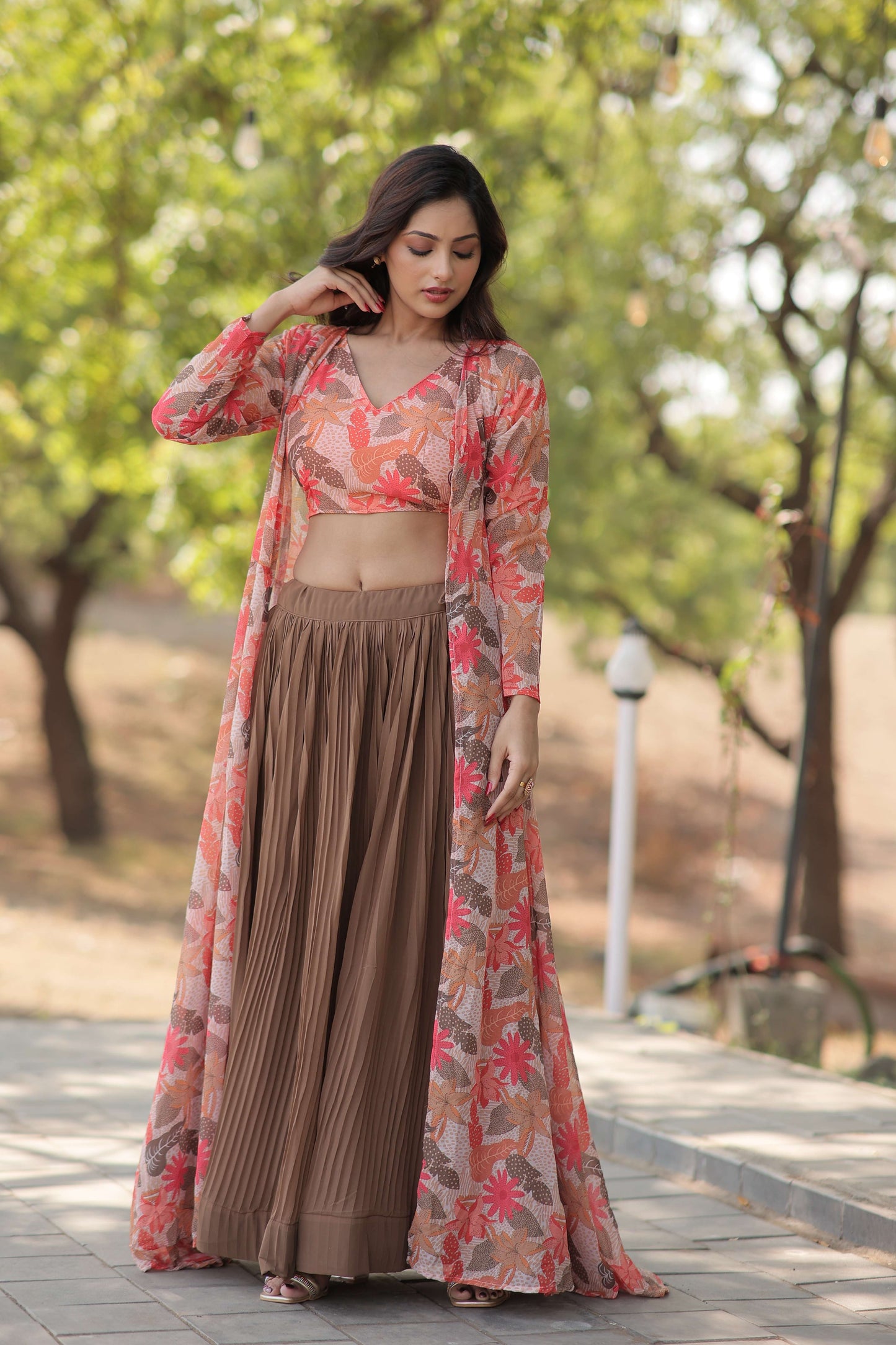 Faux Georgette Lehenga Choli with Digital Flower Print Shrug