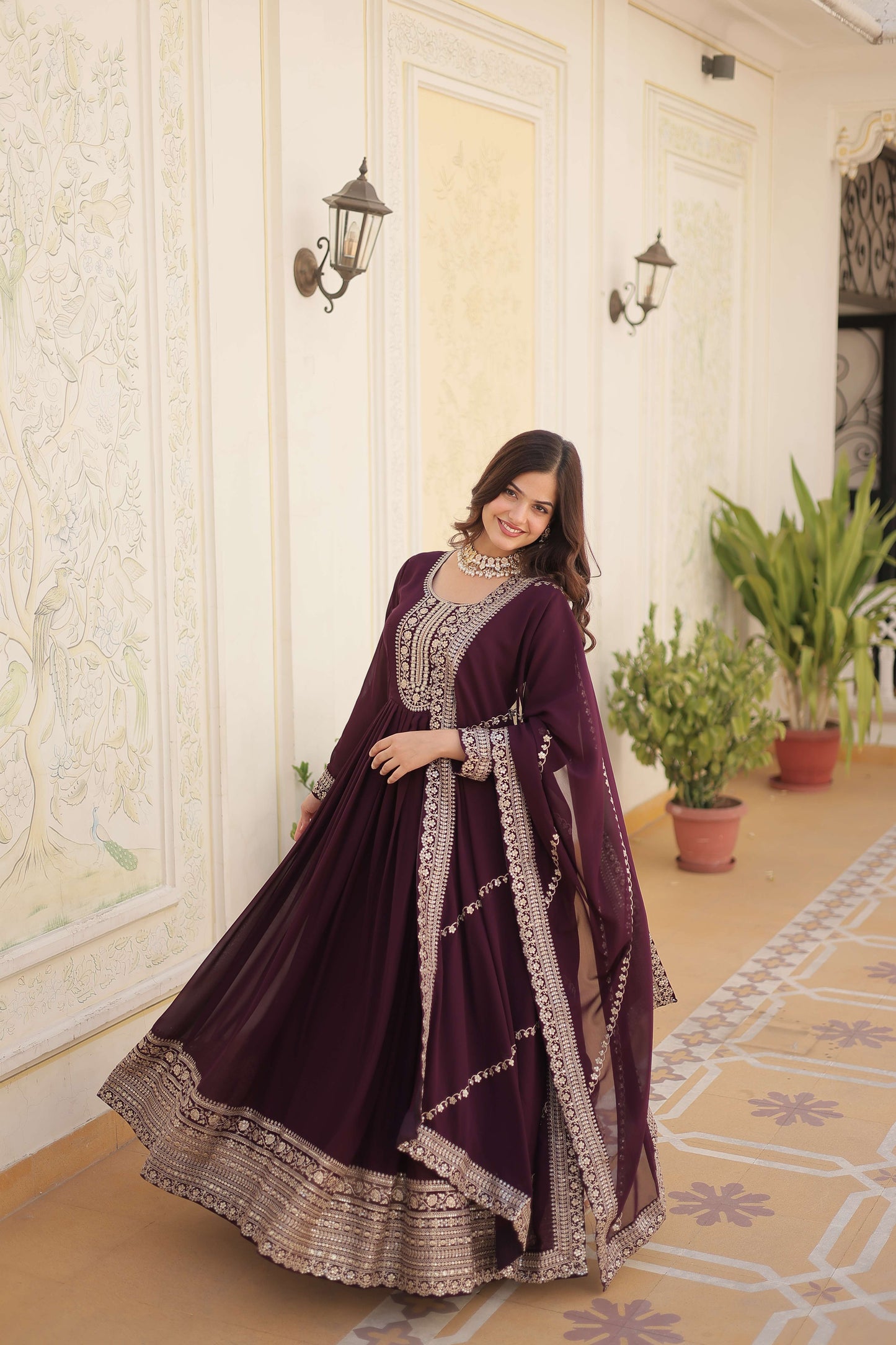 Wine Faux Blooming Sequins Embroidered Gown with Matching Dupatta  Festive & Party Wear 2024