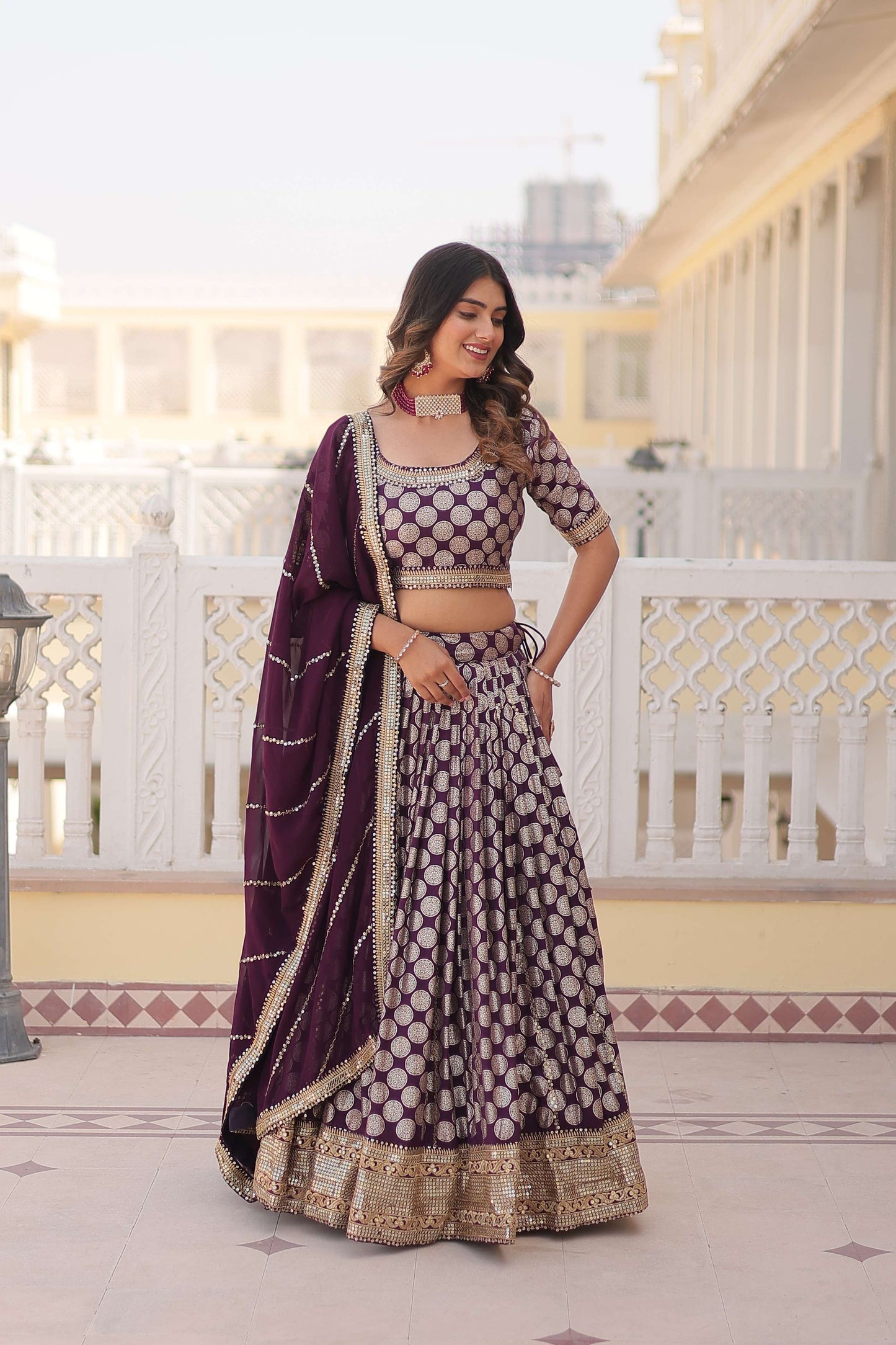 Designer Dyable Viscose Jacquard Lehenga Choli with Sequins Dupatta
