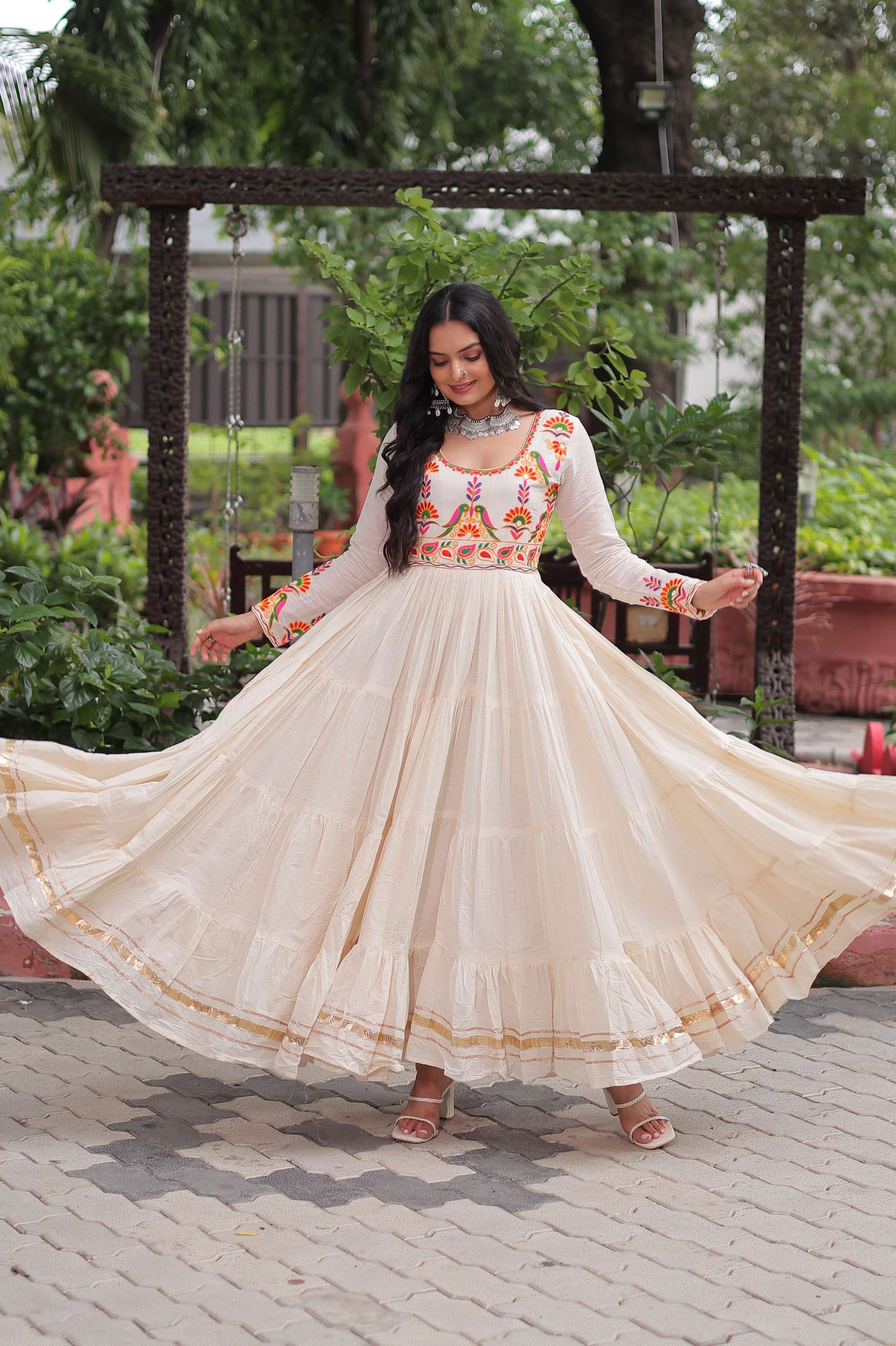 Off-White Kora Cotton Navratri Gown with Multi-Thread Embroidery & Gota Patti Work – Elegant Festive Wear for Women