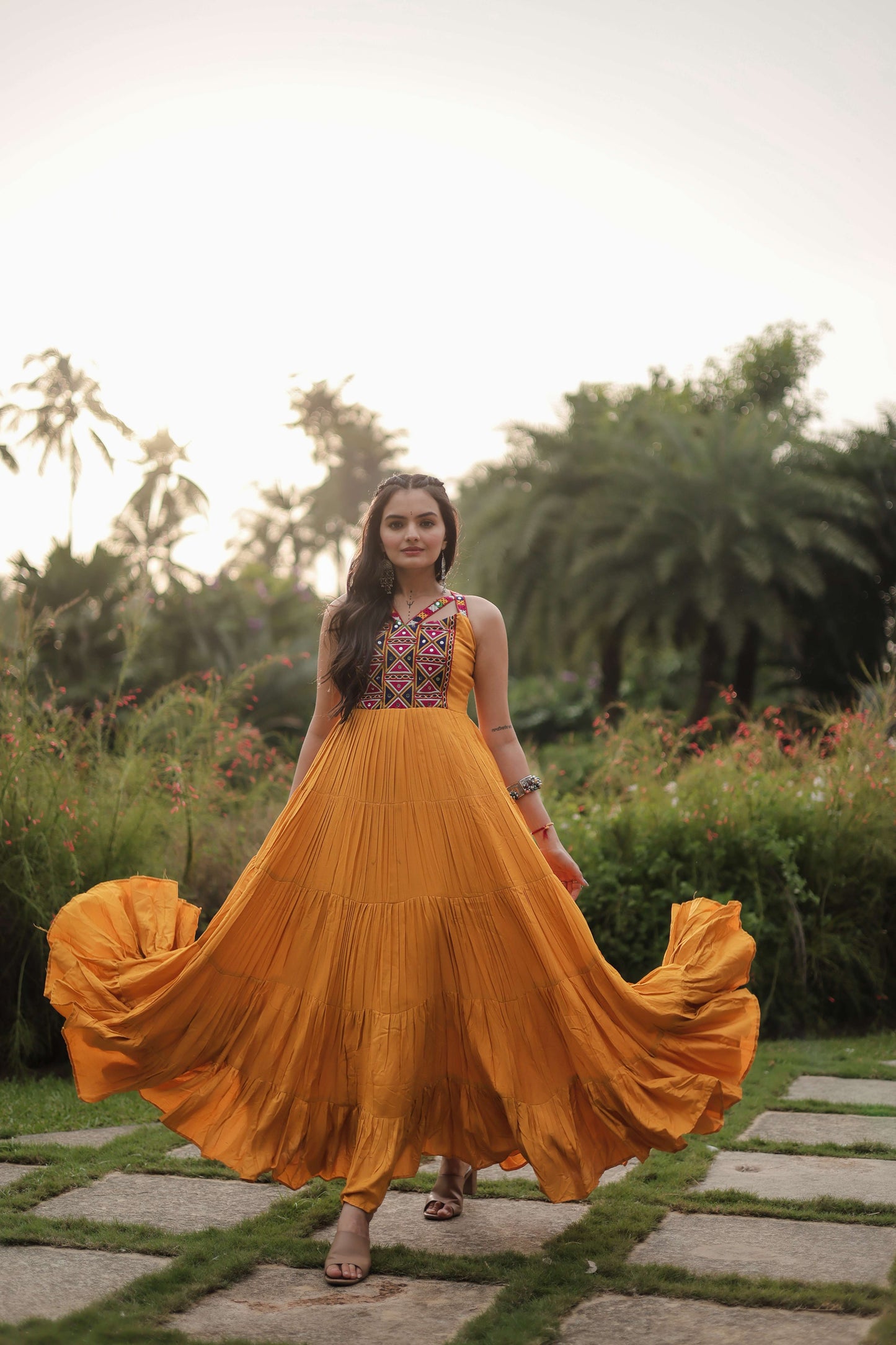 Yellow Navratri Reyon Gown with Kutchi Gamthi Work  Fully Flared Designer Dress