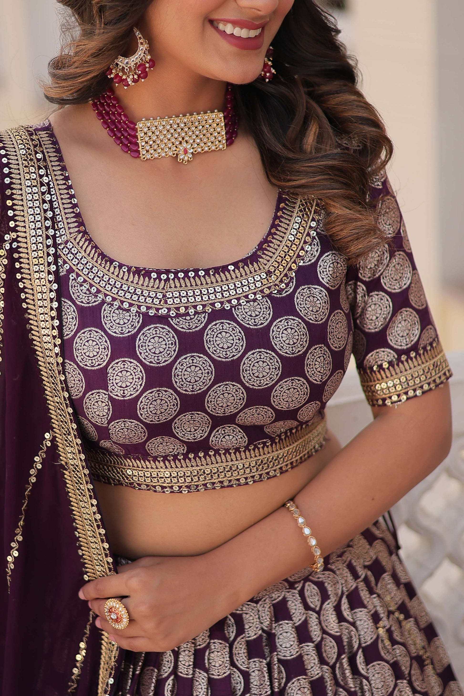 Designer Dyable Viscose Jacquard Lehenga Choli with Sequins Dupatta 