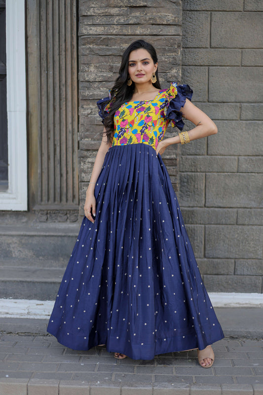Blue Maslin & Chinon Designer Gown with Embroidery  Elegant Ready-to-Wear Womens Dress