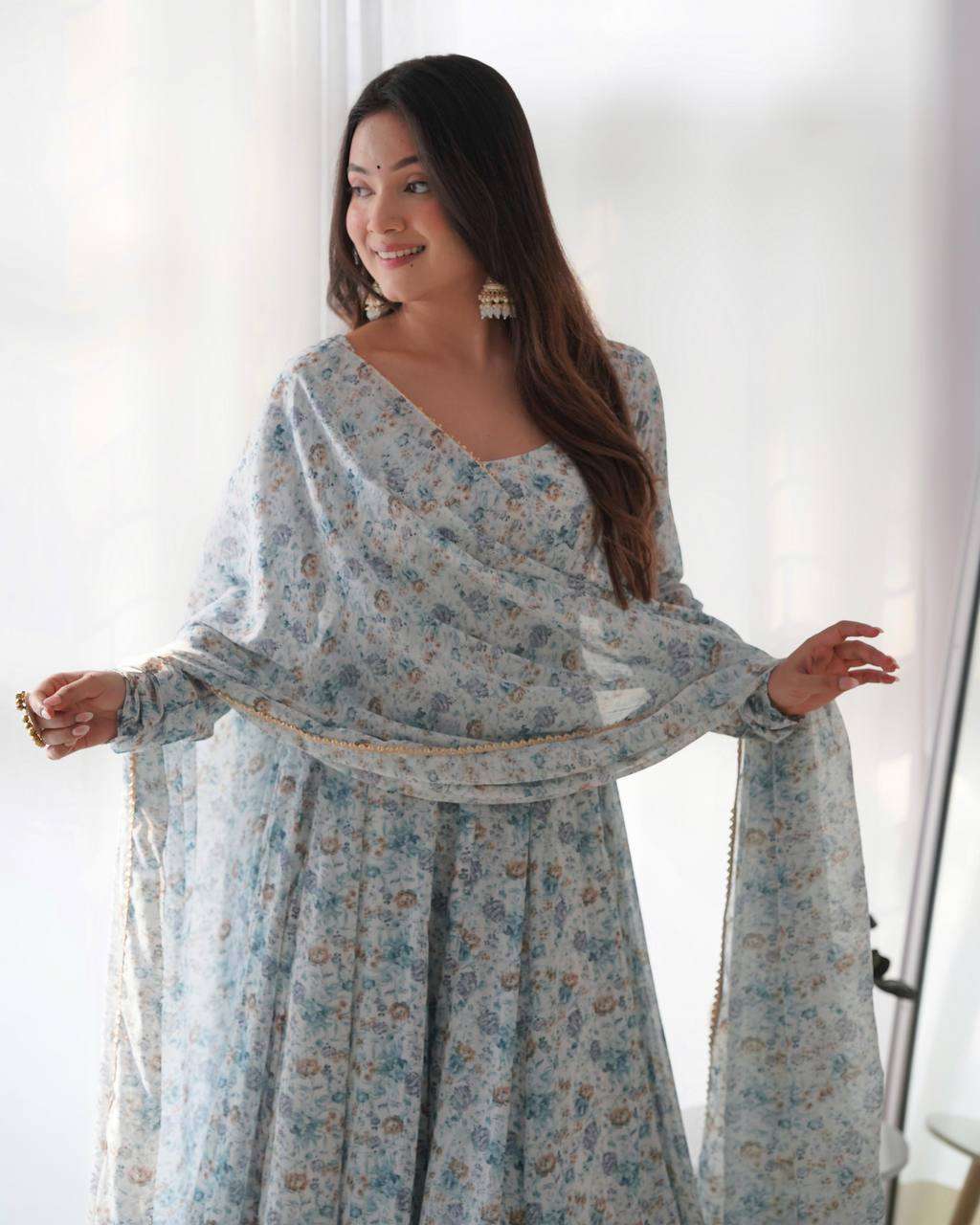 Womens Crunchy Silk Anarkali Kurti with Pant & Dupatta Set