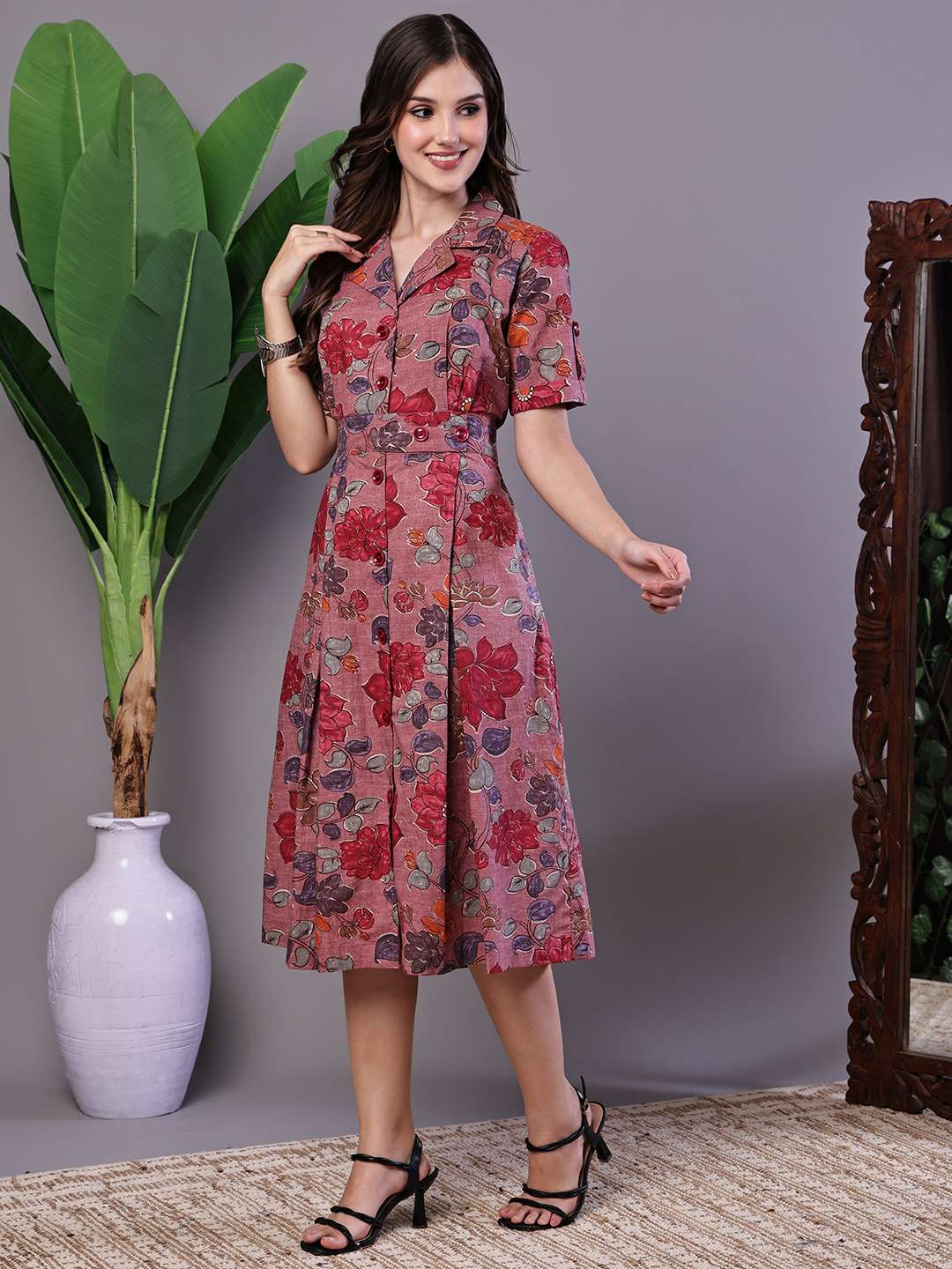 Women's Pink Floral Cotton Pleated Midi Dress with Collar