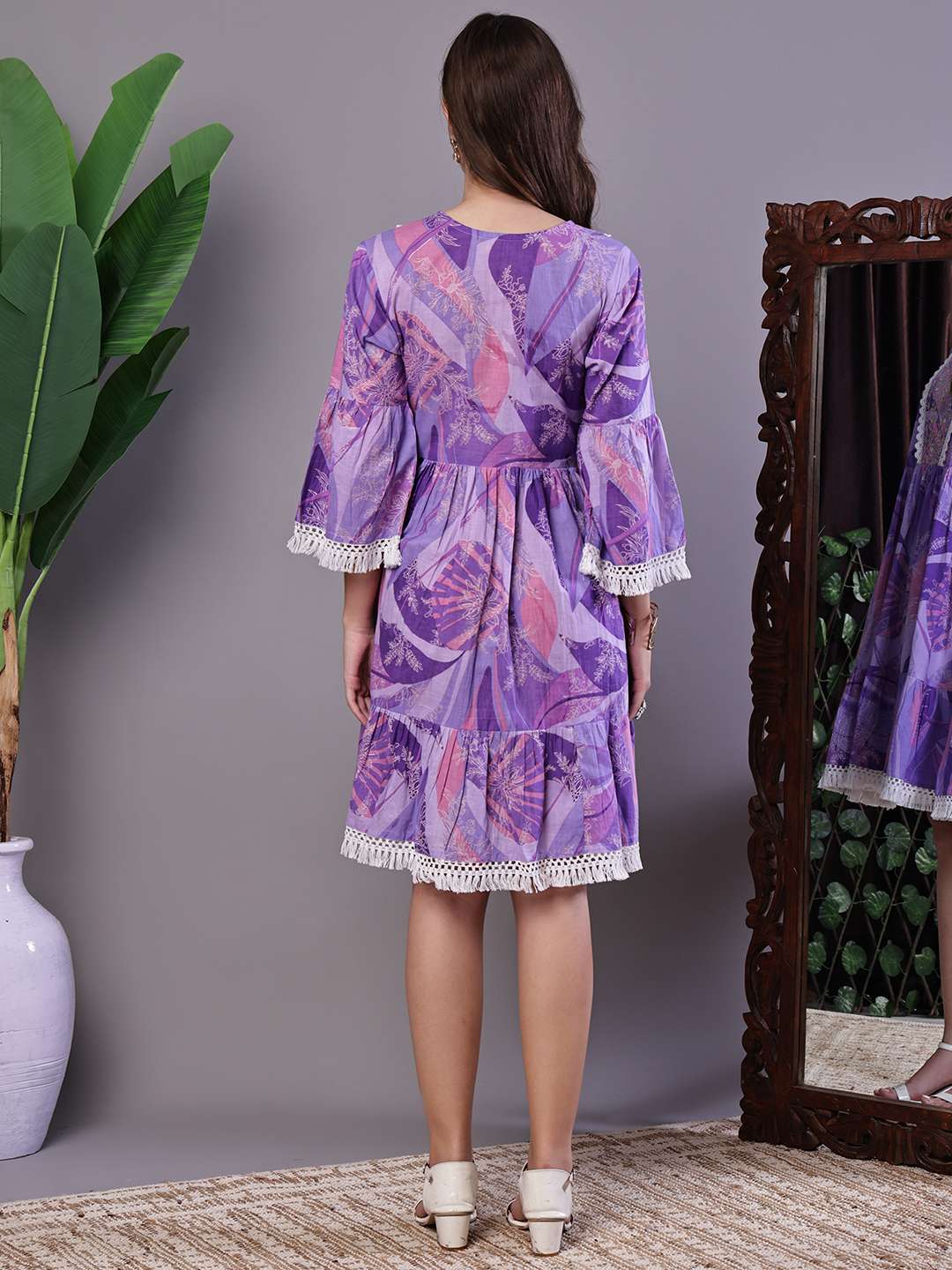 Wome's Purple Floral Cotton A-Line Dress with Lace Detailing Midi Dresses