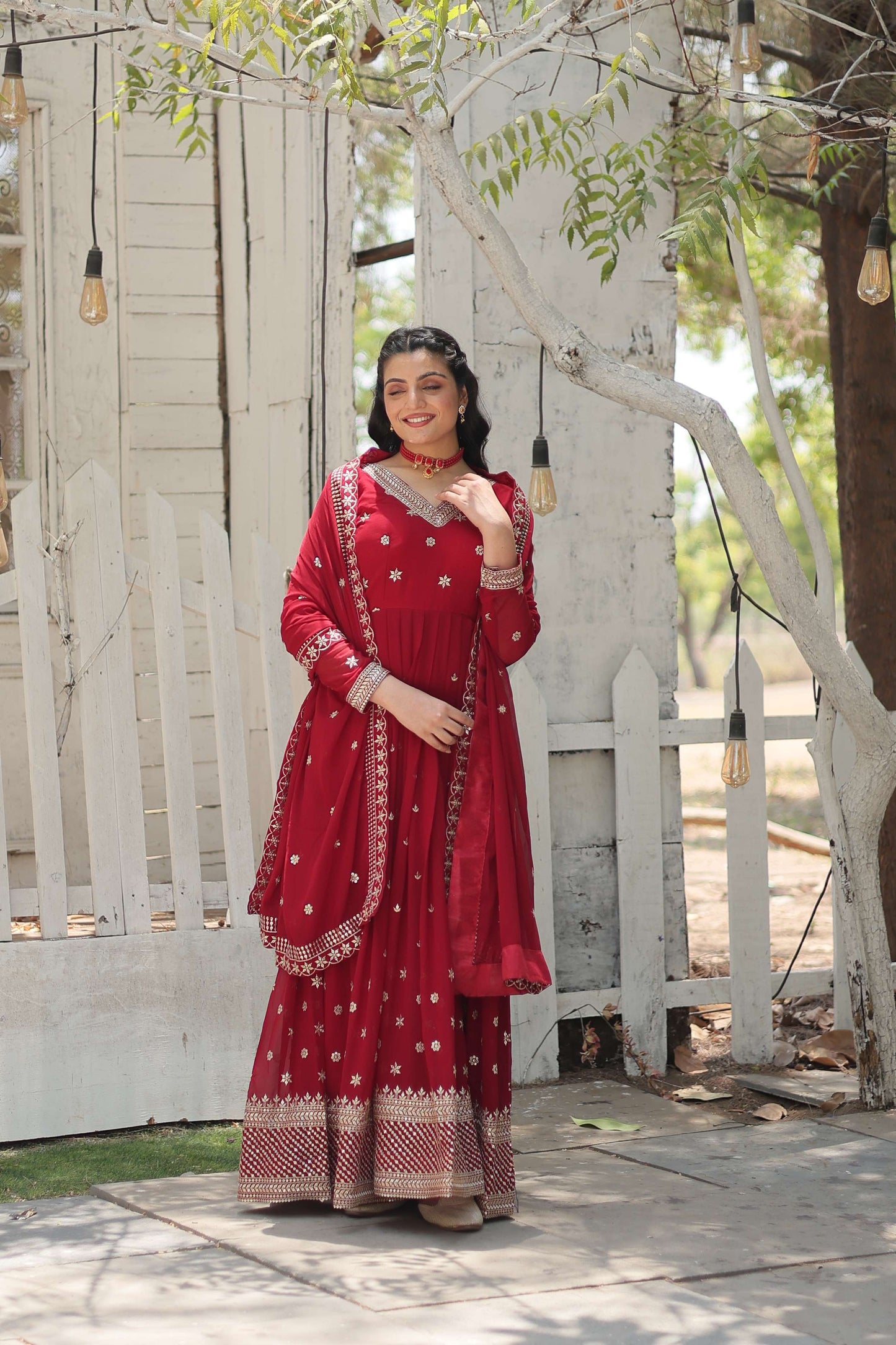 Maroon Designer Faux Blooming Anarkali Gown with Sequins Embroidered Dupatta  Wedding & Festive Wear
