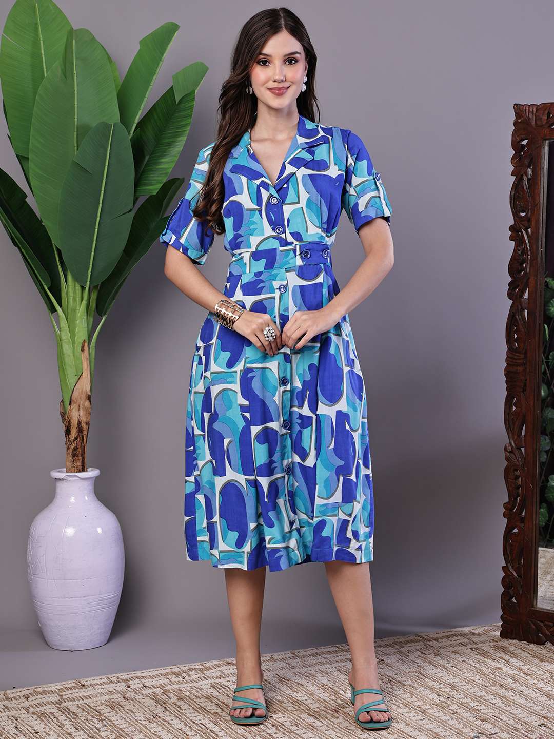 Women's Blue Abstract Print Cotton Shirt Dress