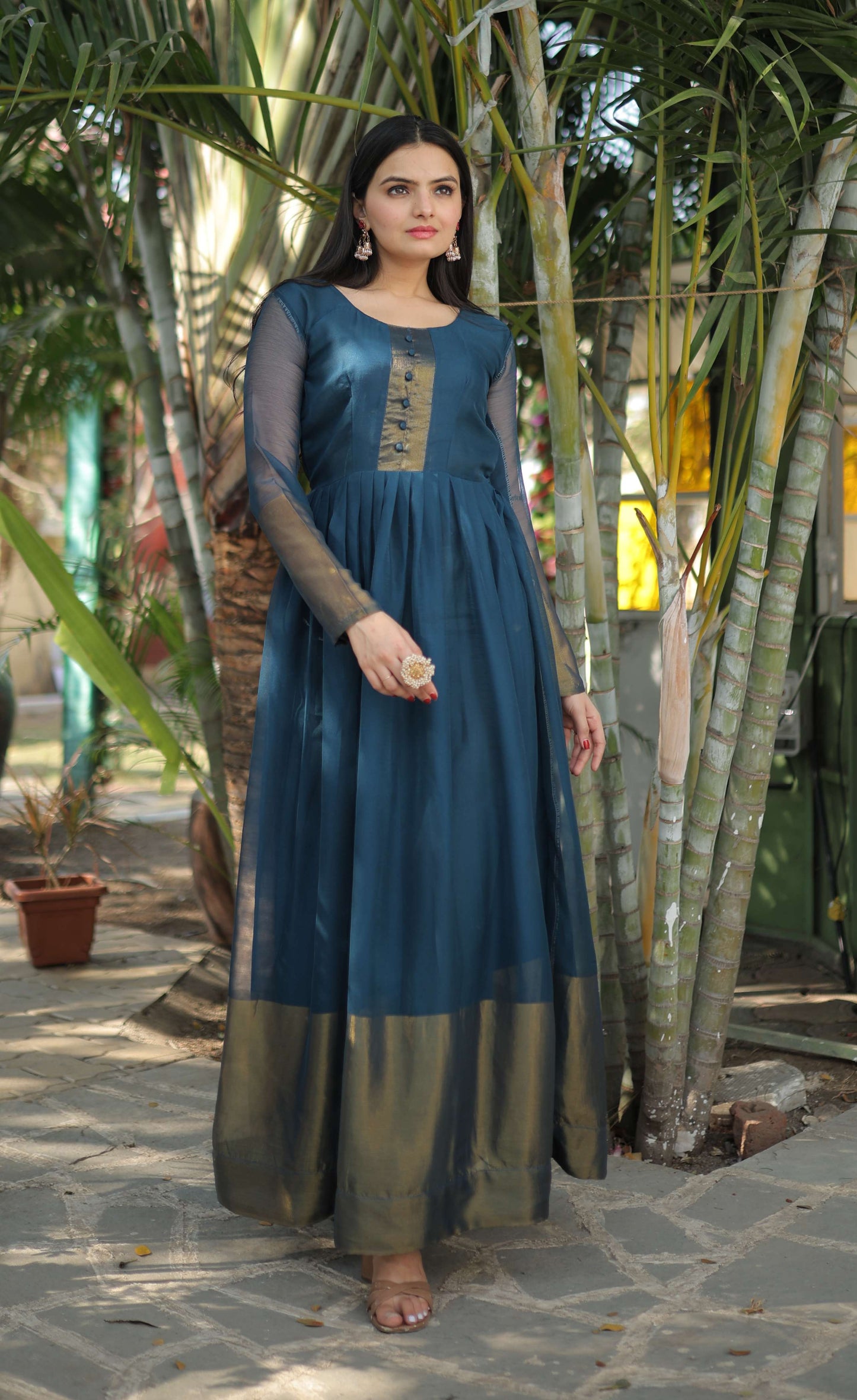 Rama Elegant Chiffon Designer Gown with Golden Zari Patta  Premium Ready-to-Wear Dress
