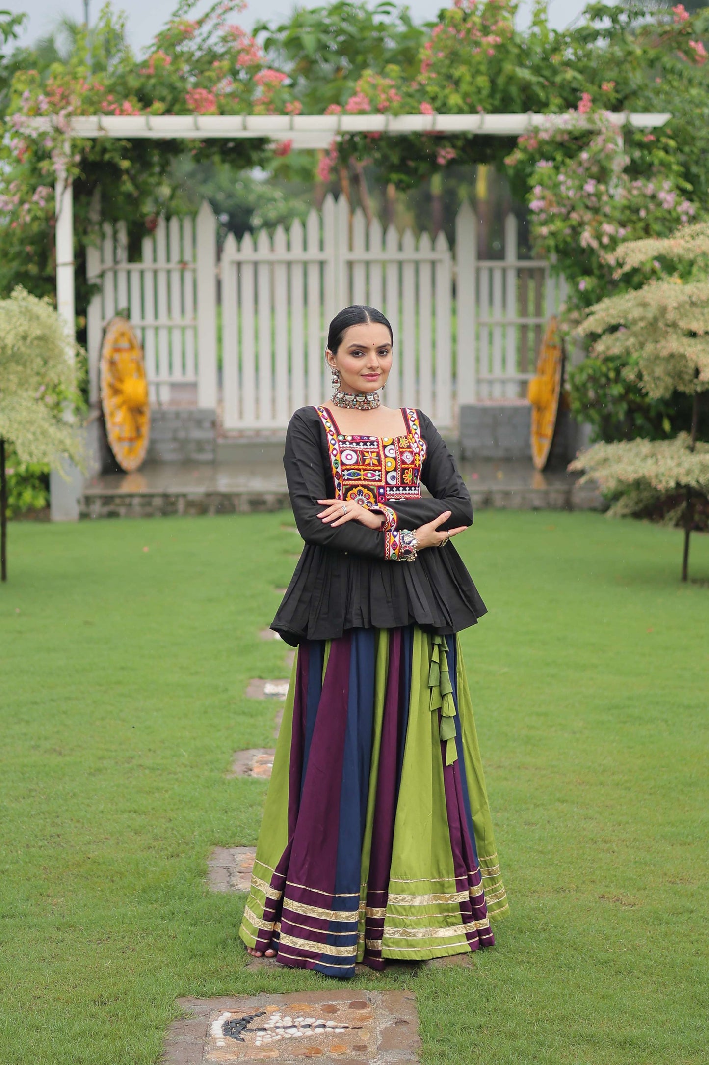 Multicolor Navratri Lehenga Choli Set with Black Peplum Top
