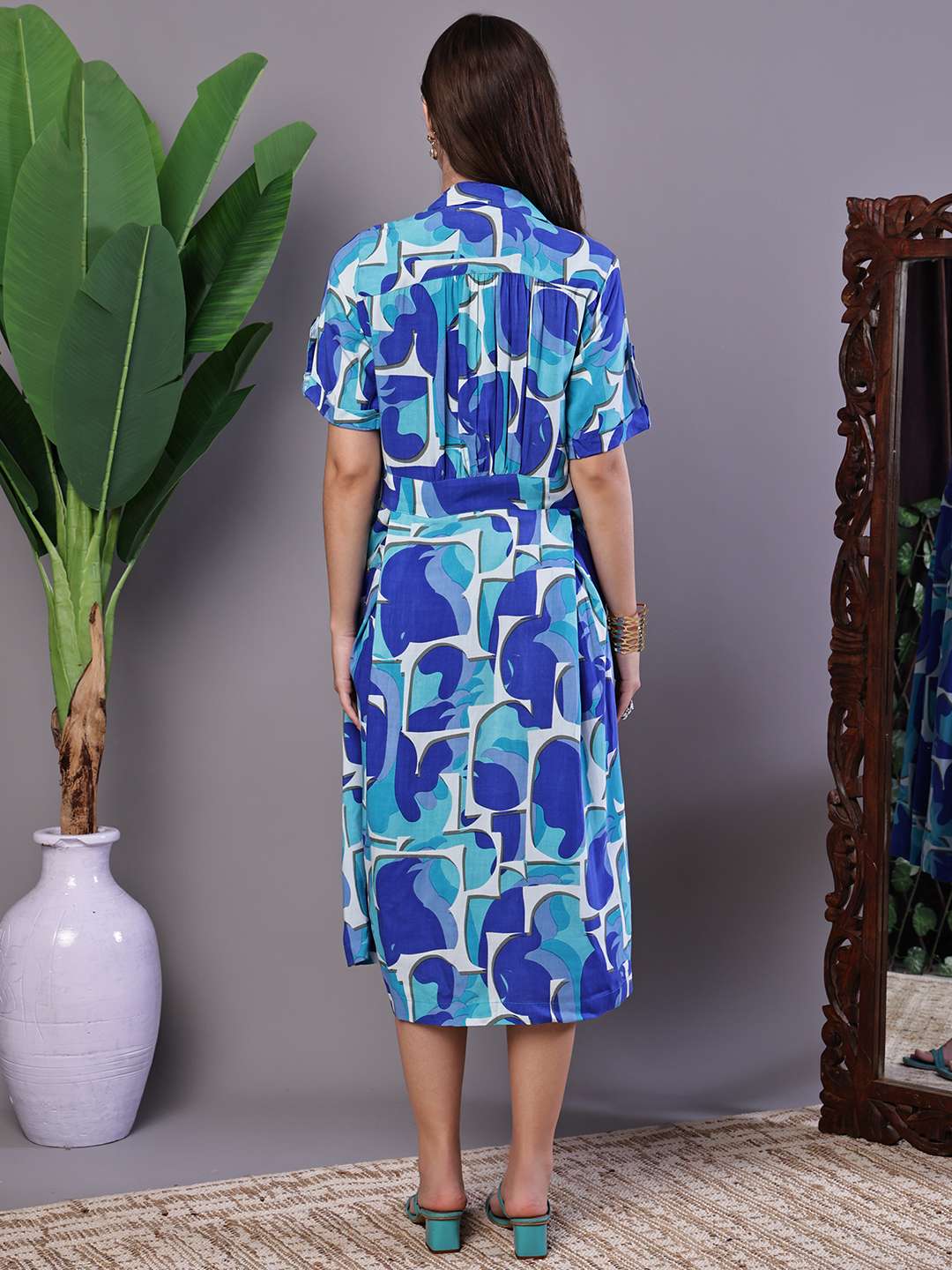 Women's Blue Abstract Print Cotton Shirt Dress