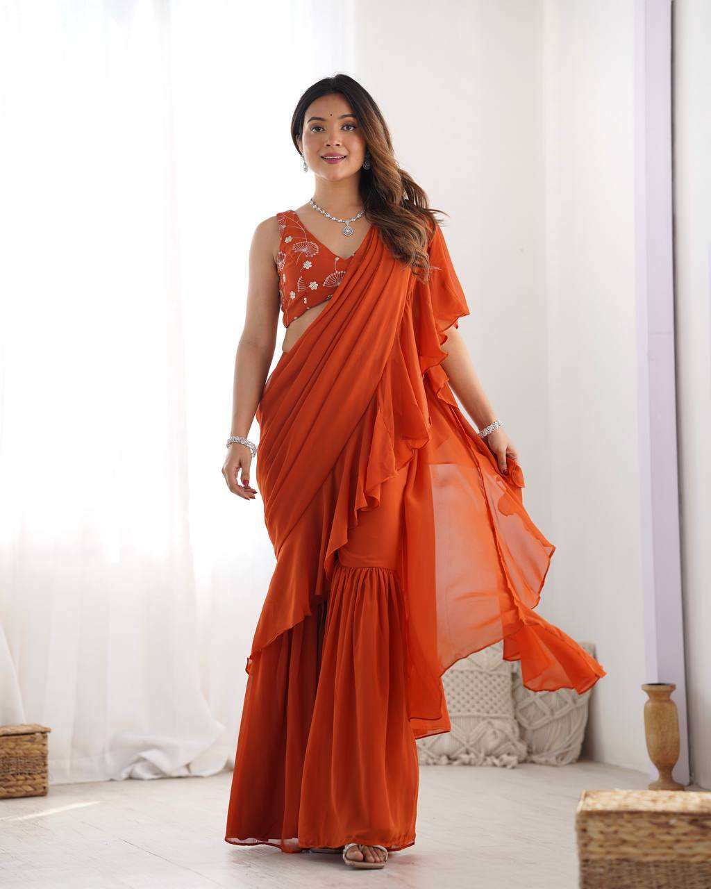 Women's Pure Romansilk Chanderi Embroidered Crop Top With Ruffled Sharara & Draped Dupatta Set