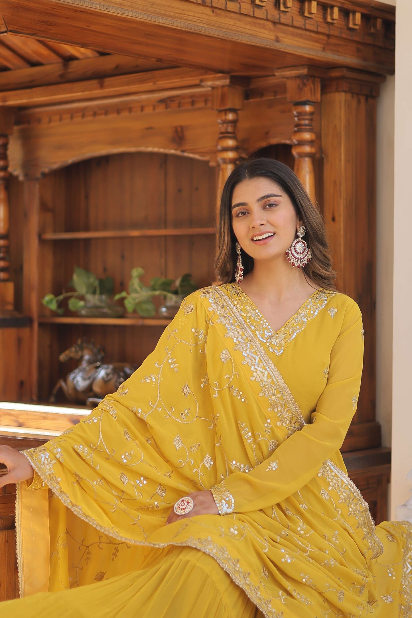 Yellow Faux Georgette Designer Gown with Sequined Dupatta  Fully Flared Elegant Party & Wedding Set
