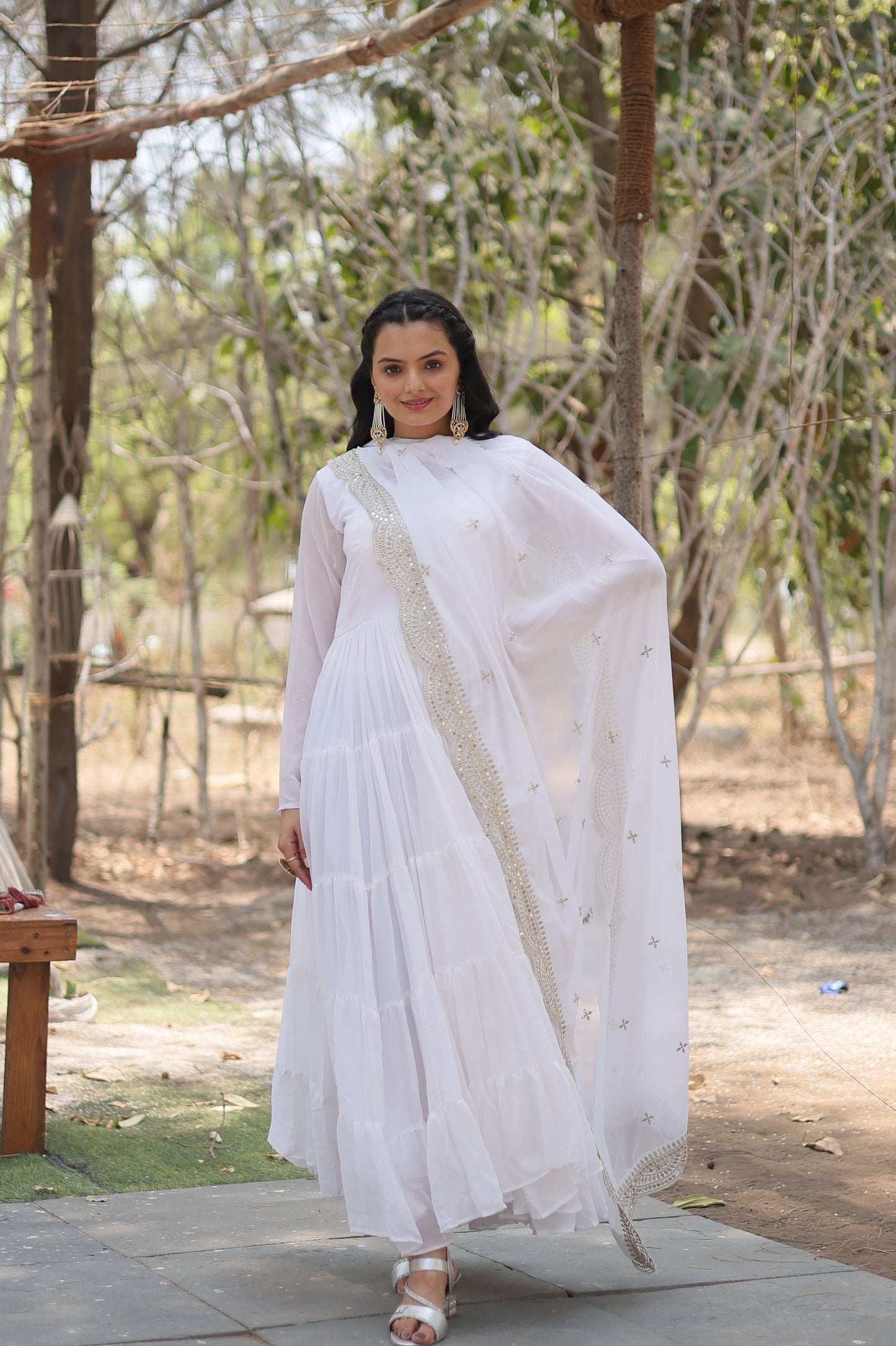 White Premium Faux Georgette Designer Gown with Sequined Dupatta  Fully Flaired Ready-to-Wear Set