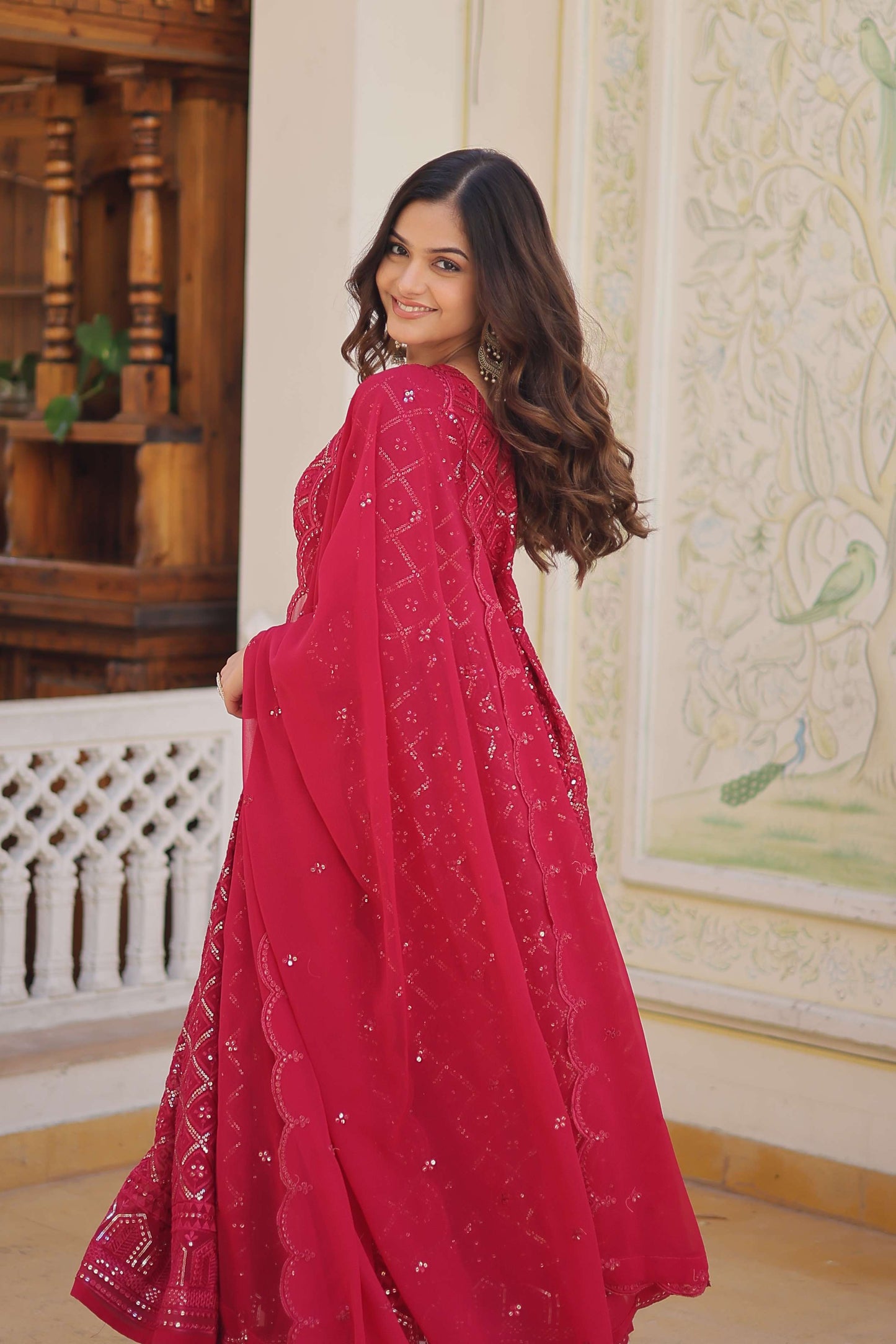 Rani Faux Blooming Designer Gown with Sequined Dupatta  Elegant Fully Flared Party & Wedding Set