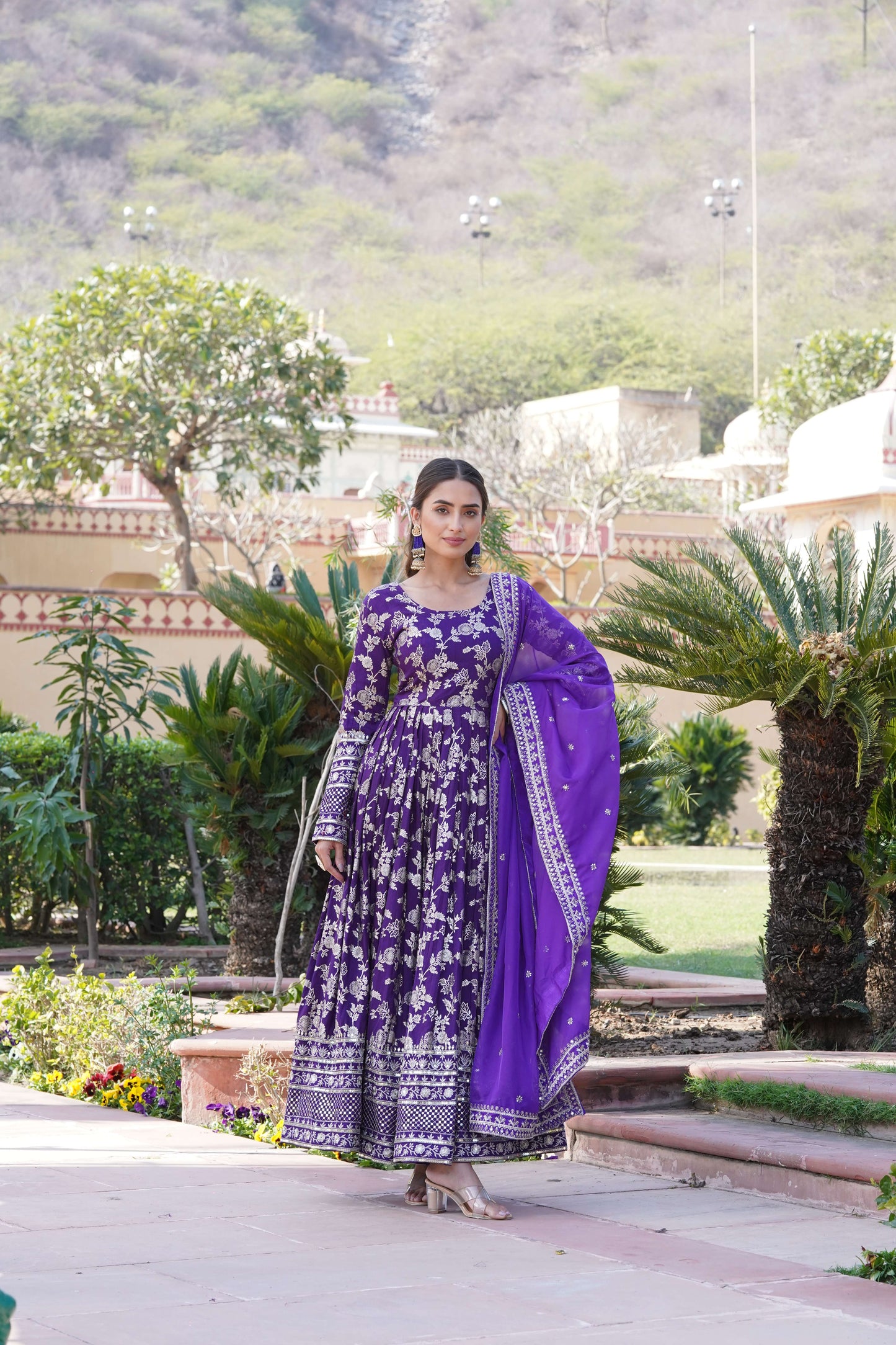 Purple Viscose Dyable Jacquard Gown with Russian Silk Sequined Dupatta  Elegant Party & Wedding Set