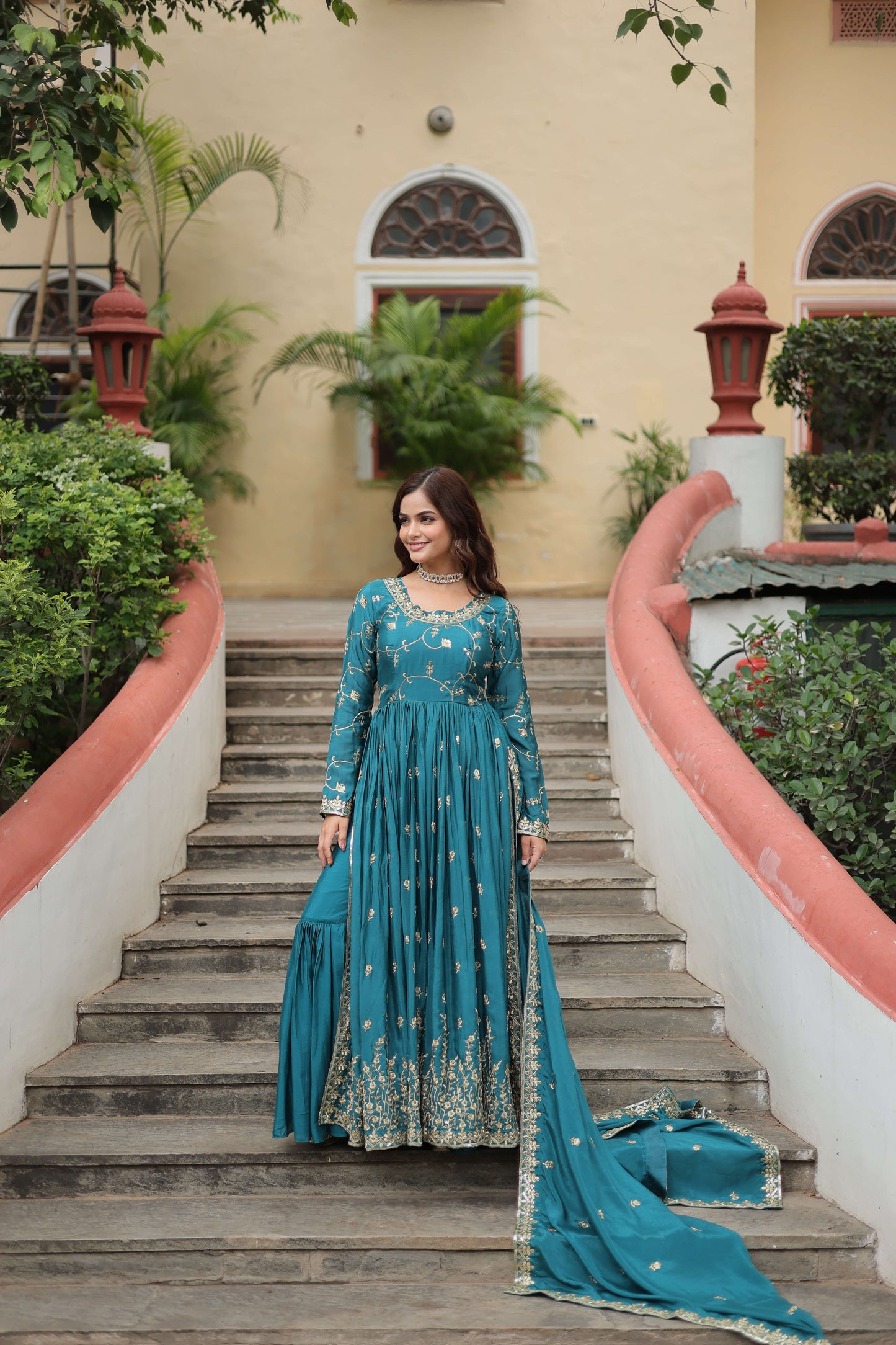 Blue Premium Chinon Sequins Embroidered Kurti with Sharara & Dupatta Set