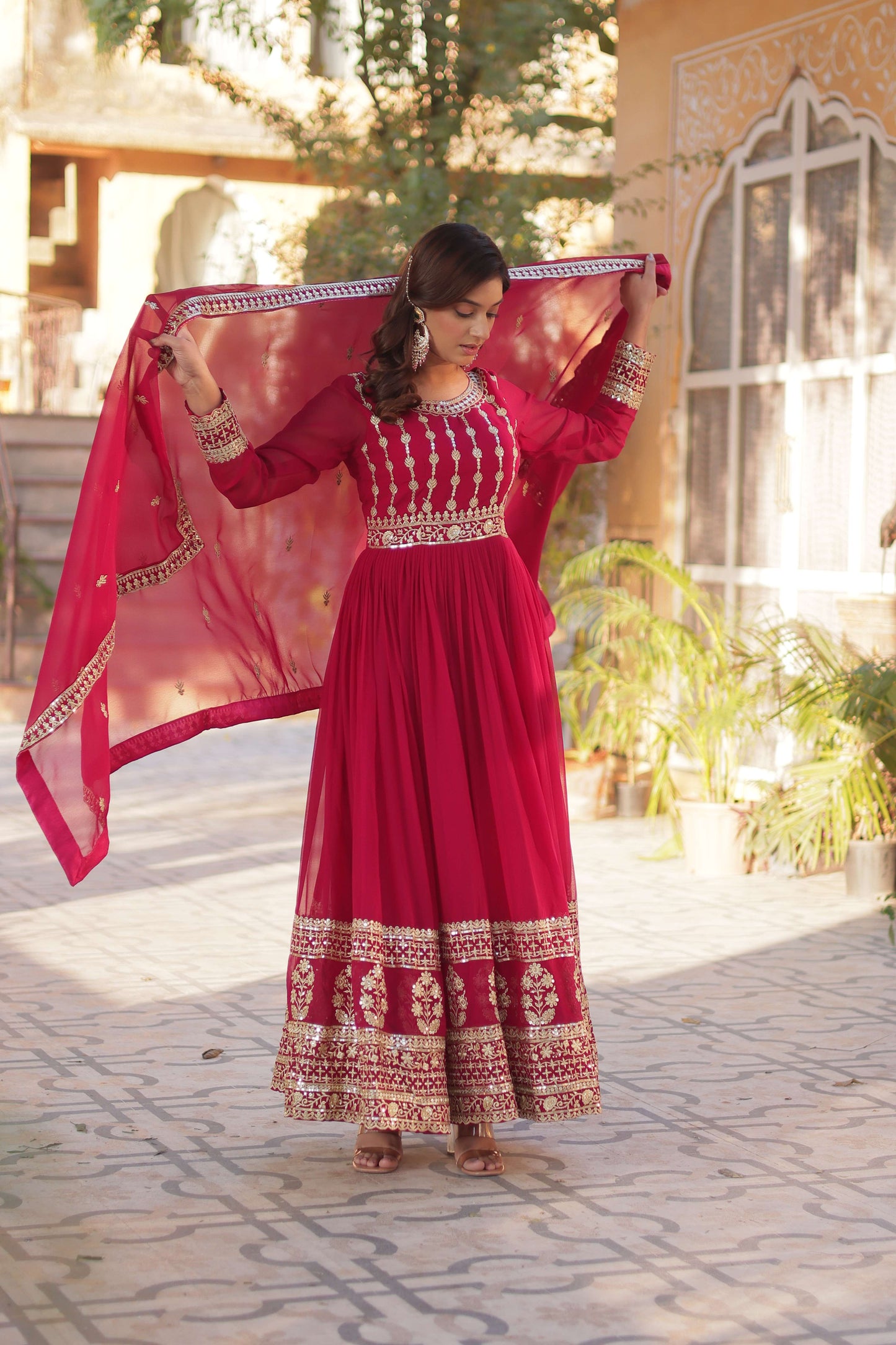 Pink Faux Blooming Gown with Zari & Sequins Embroidered Dupatta with Designer Lace Border