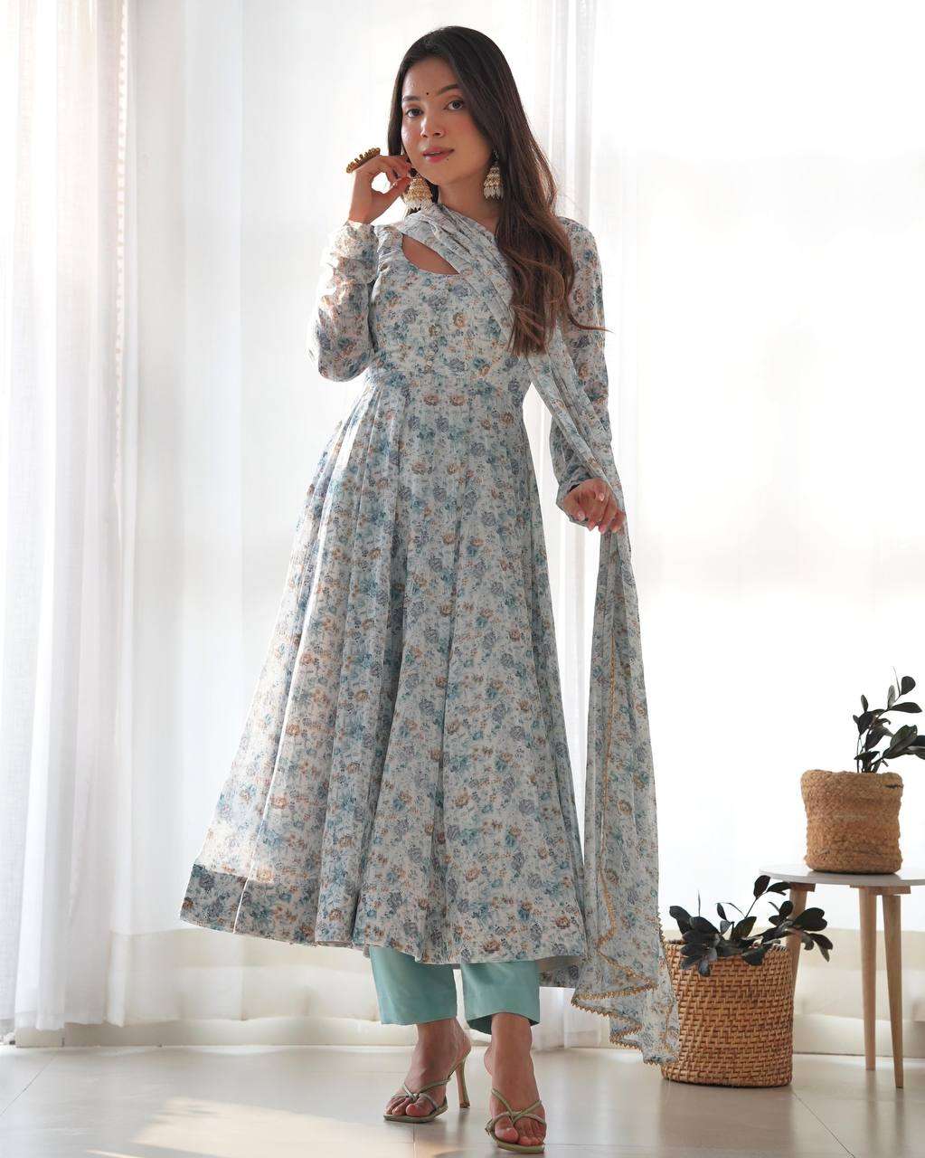 Womens Crunchy Silk Anarkali Kurti with Pant & Dupatta Set