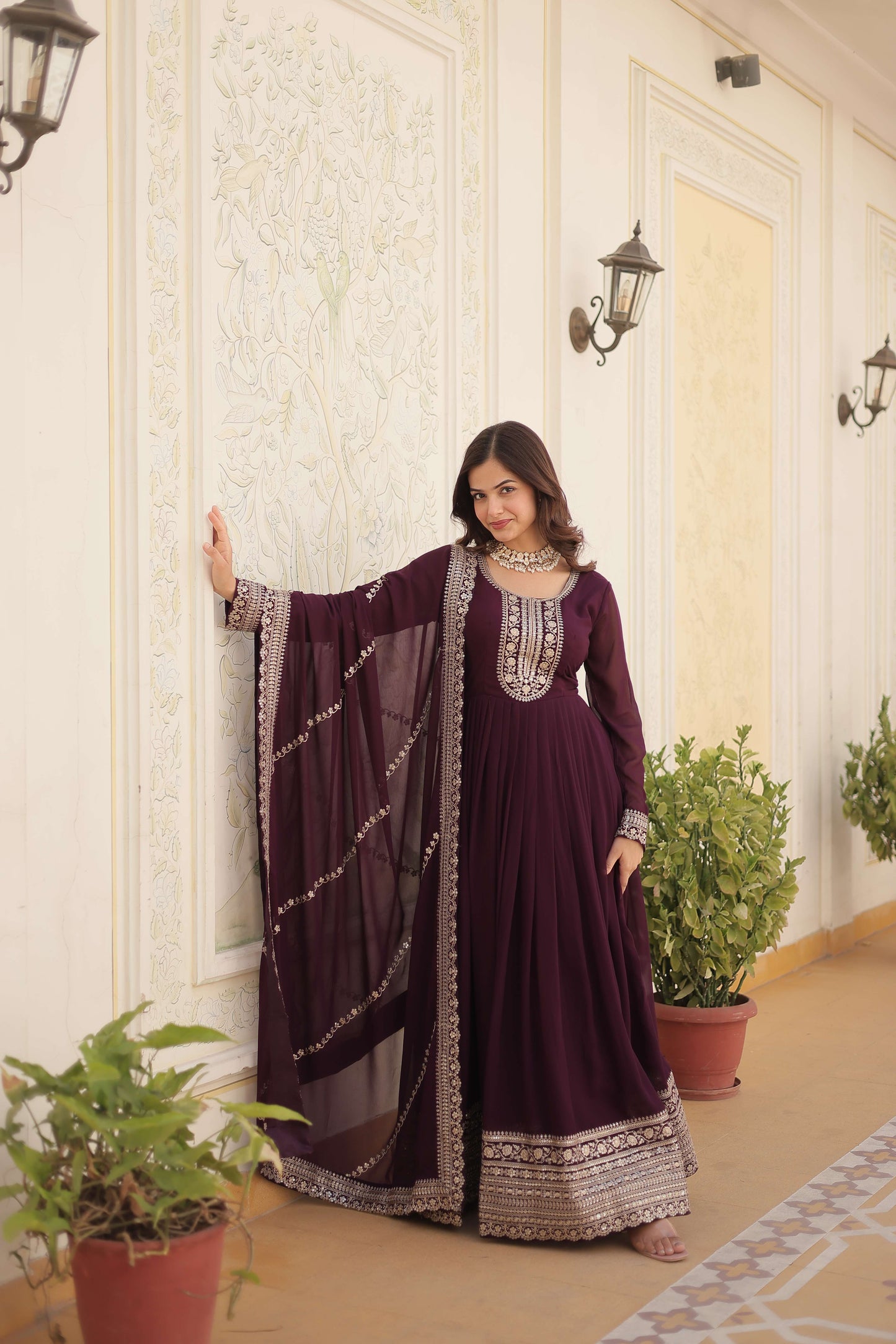 Wine Faux Blooming Sequins Embroidered Gown with Matching Dupatta  Festive & Party Wear 2024