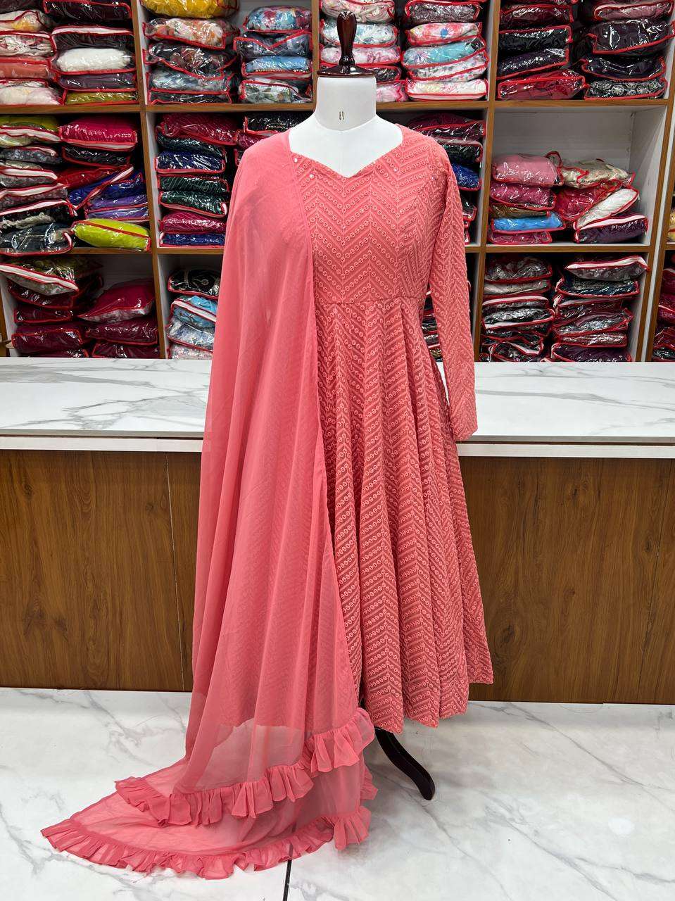Womens Pure Romansilk Chanderi Embroidered Anarkali Kurti With Dupatta & Pant Set