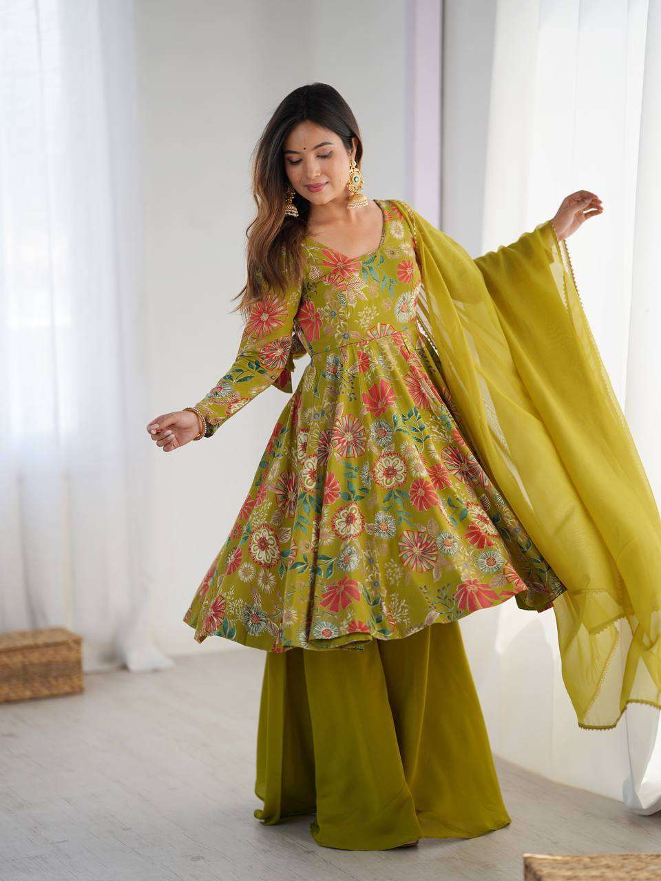 Women's Pure Romansilk Chanderi Printed Anarkali Kurti With Palazzo & Dupatta Set