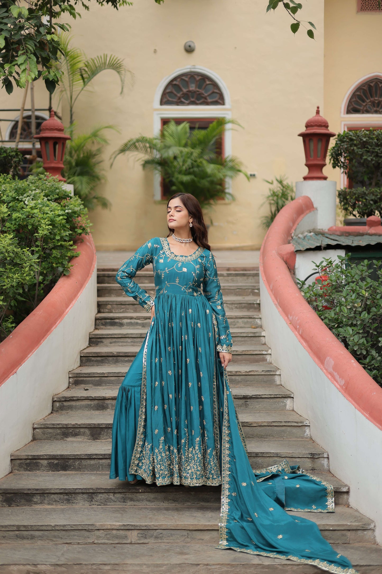 Blue Premium Chinon Sequins Embroidered Kurti with Sharara & Dupatta Set