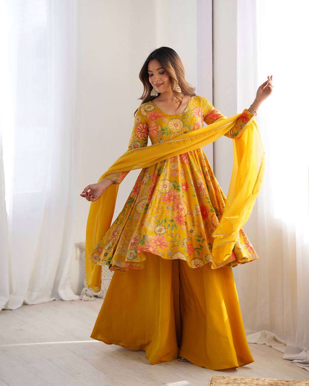 Women's Pure Romansilk Chanderi Printed Anarkali Kurti With Palazzo & Dupatta Set