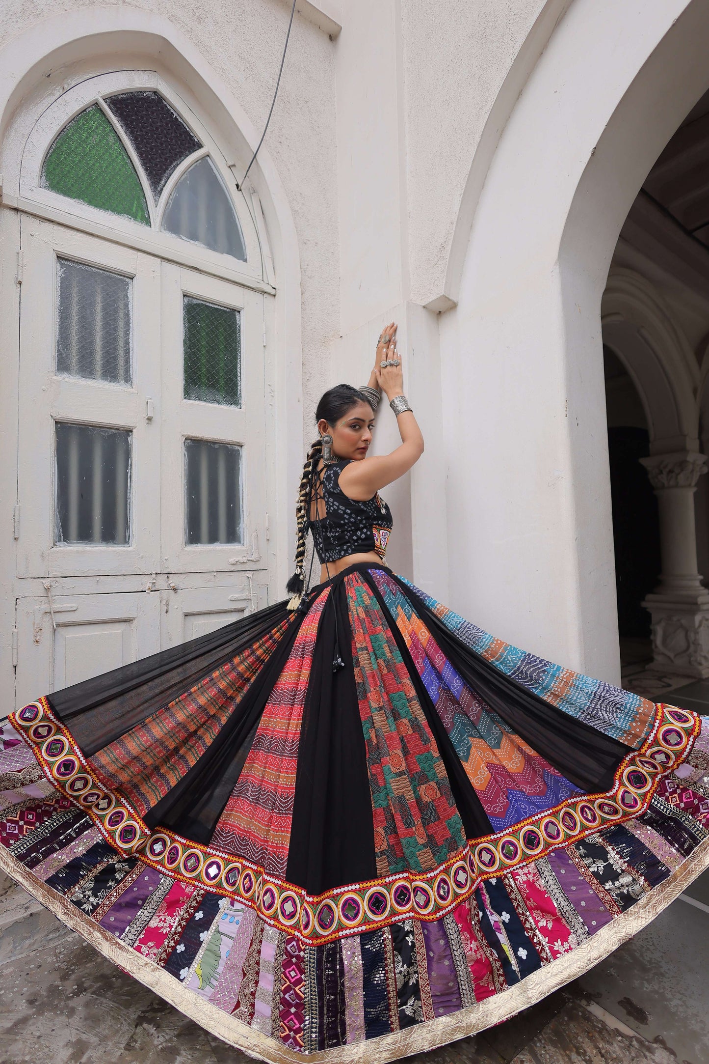 Georgette Printed Navratri Lehenga Choli Set with Sleeveless Top