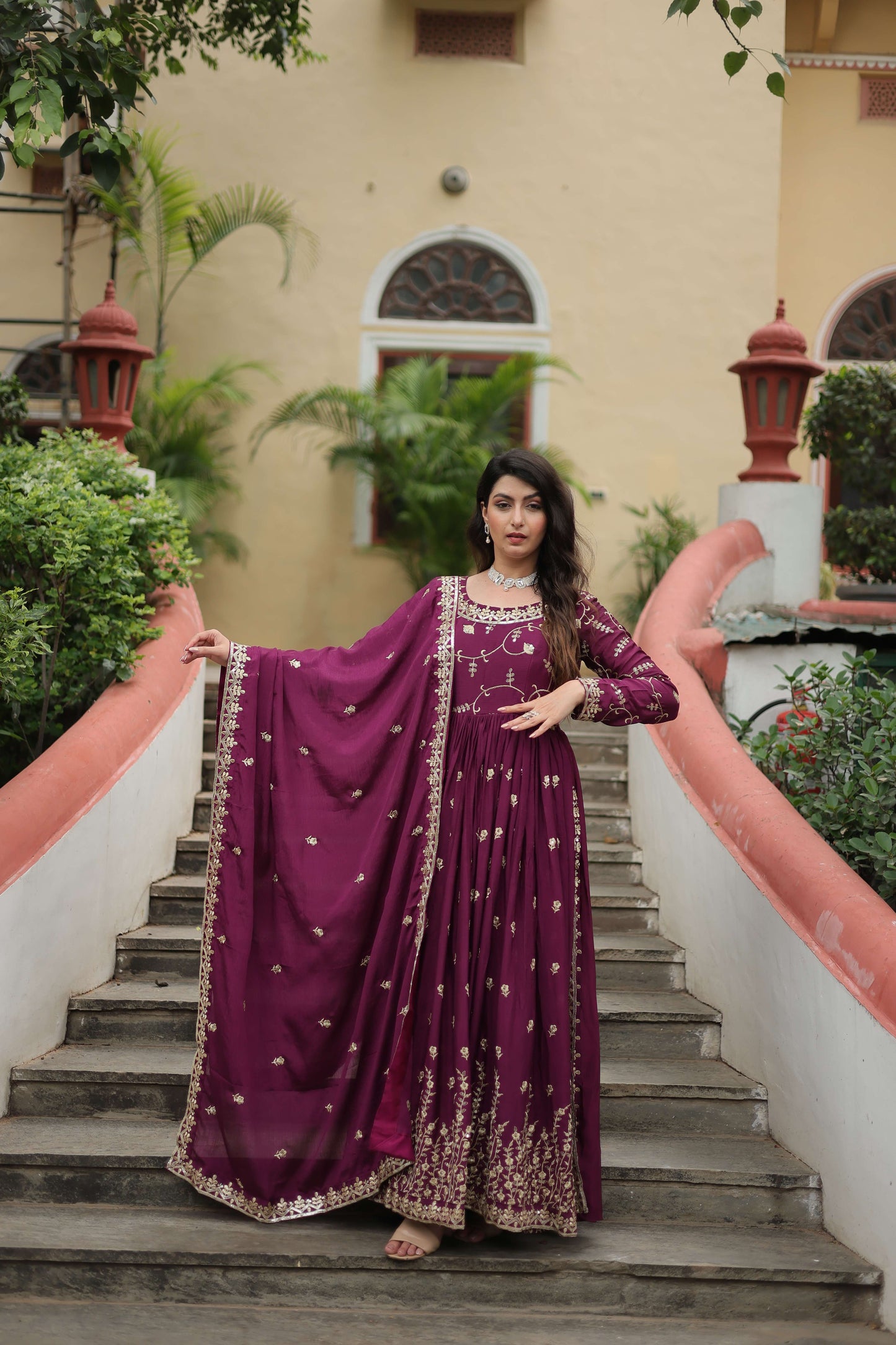 Wine Premium Chinon Sequins Embroidered Kurti with Sharara & Dupatta Set