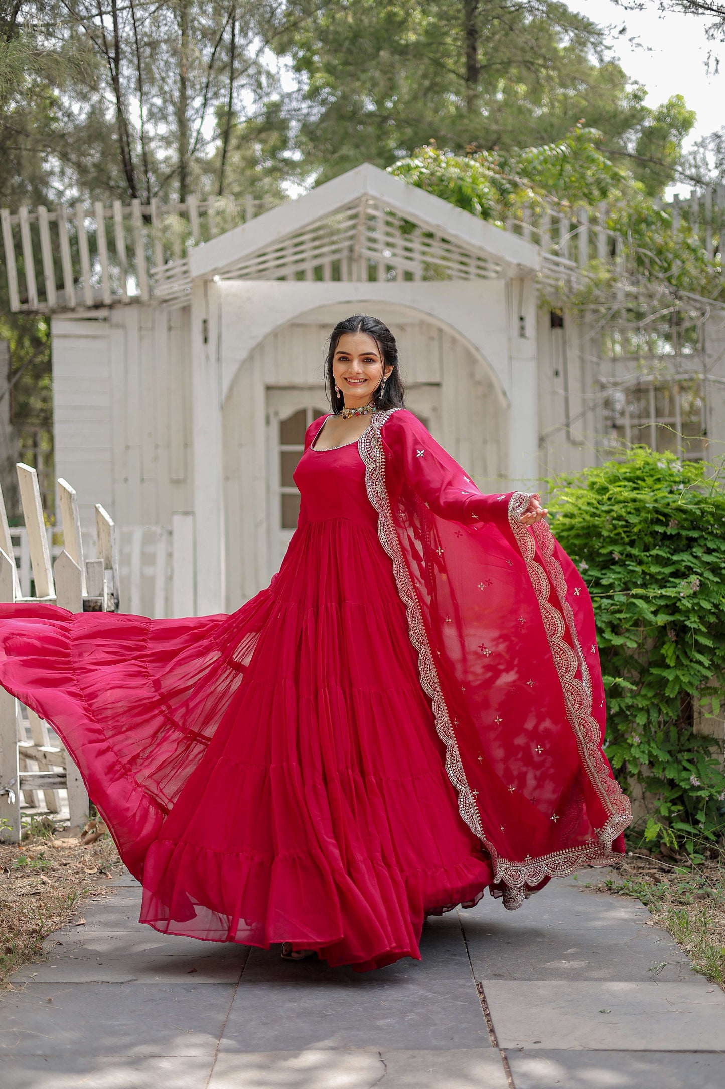 Pink Premium Faux Georgette Designer Gown with Sequined Dupatta  Fully Flaired Ready-to-Wear Set