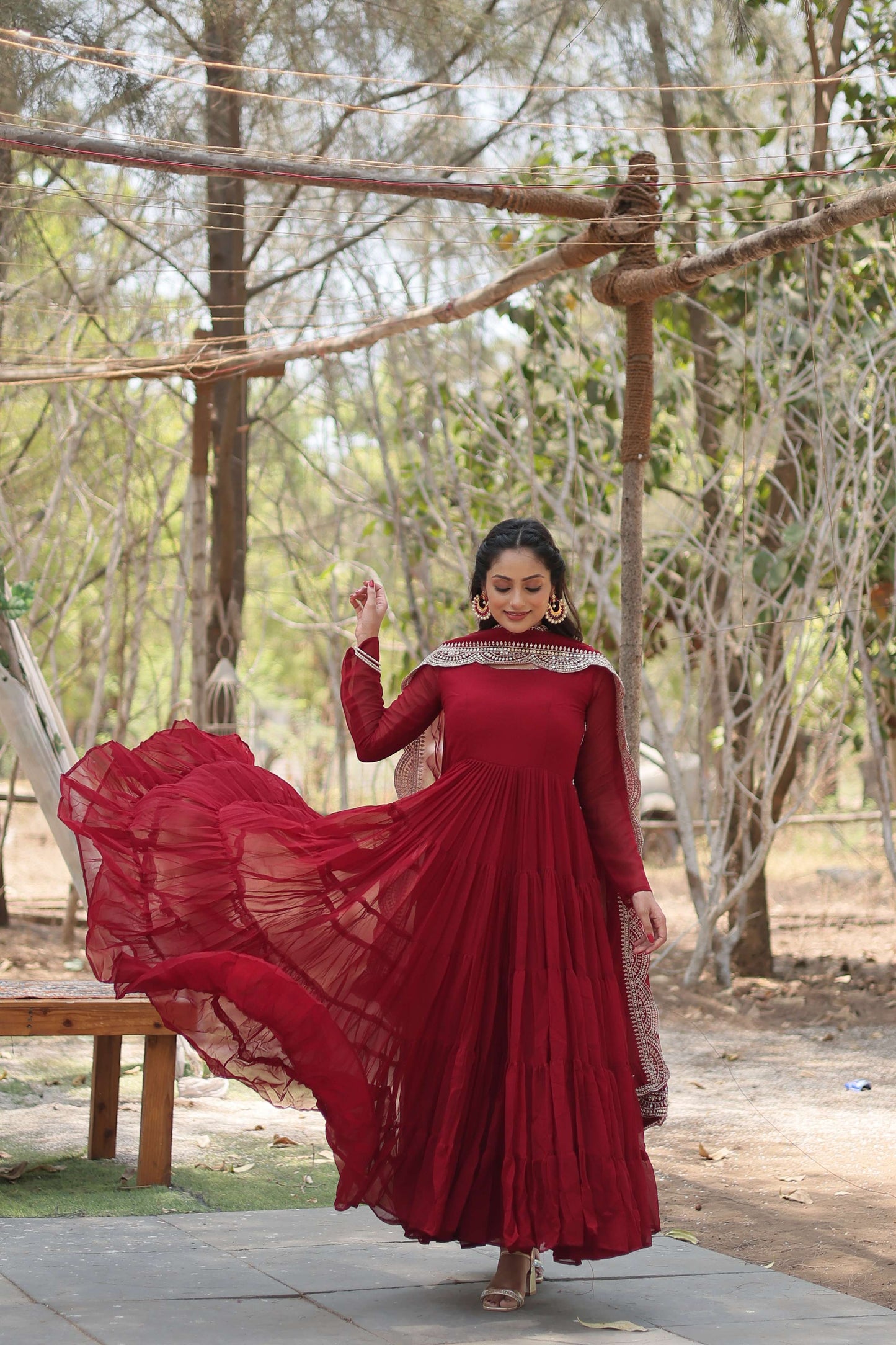 Maroon Premium Faux Georgette Designer Gown with Sequined Dupatta  Fully Flaired Ready-to-Wear Set