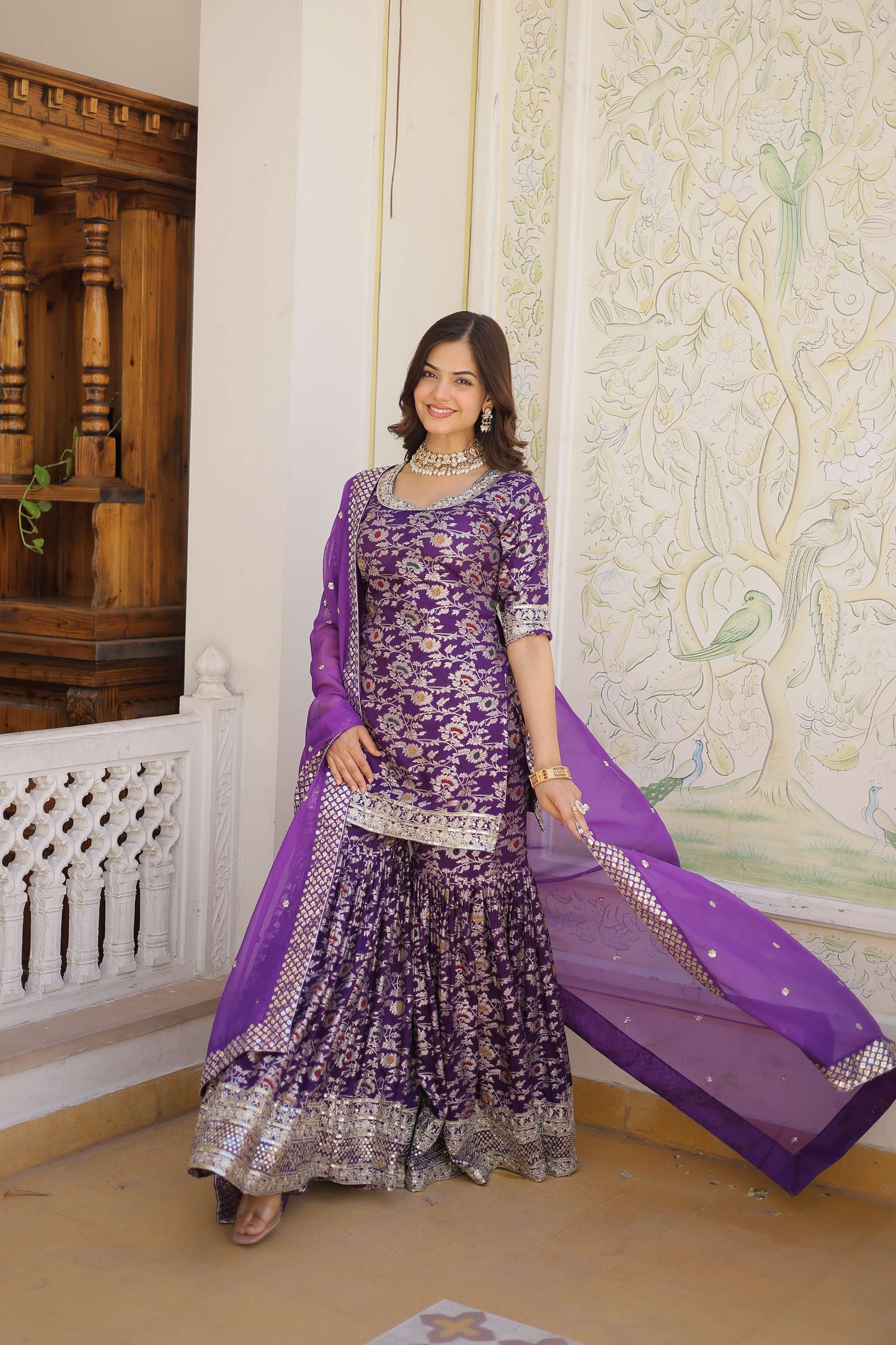 Purple Faux Blooming Sequins Embroidered Sharara Set with Matching Dupatta  Festive & Party Wear 2024
