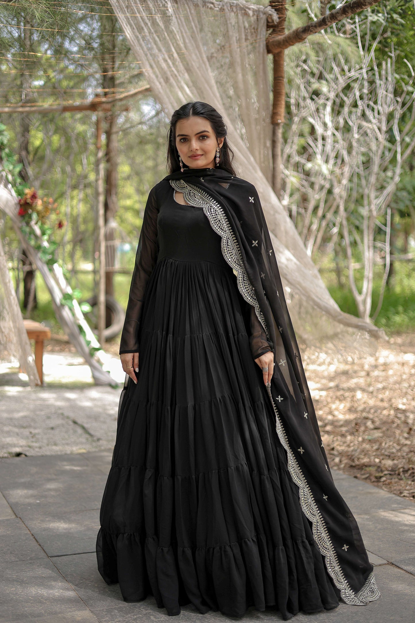 Black Premium Faux Georgette Designer Gown with Sequined Dupatta  Fully Flaired Ready-to-Wear Set